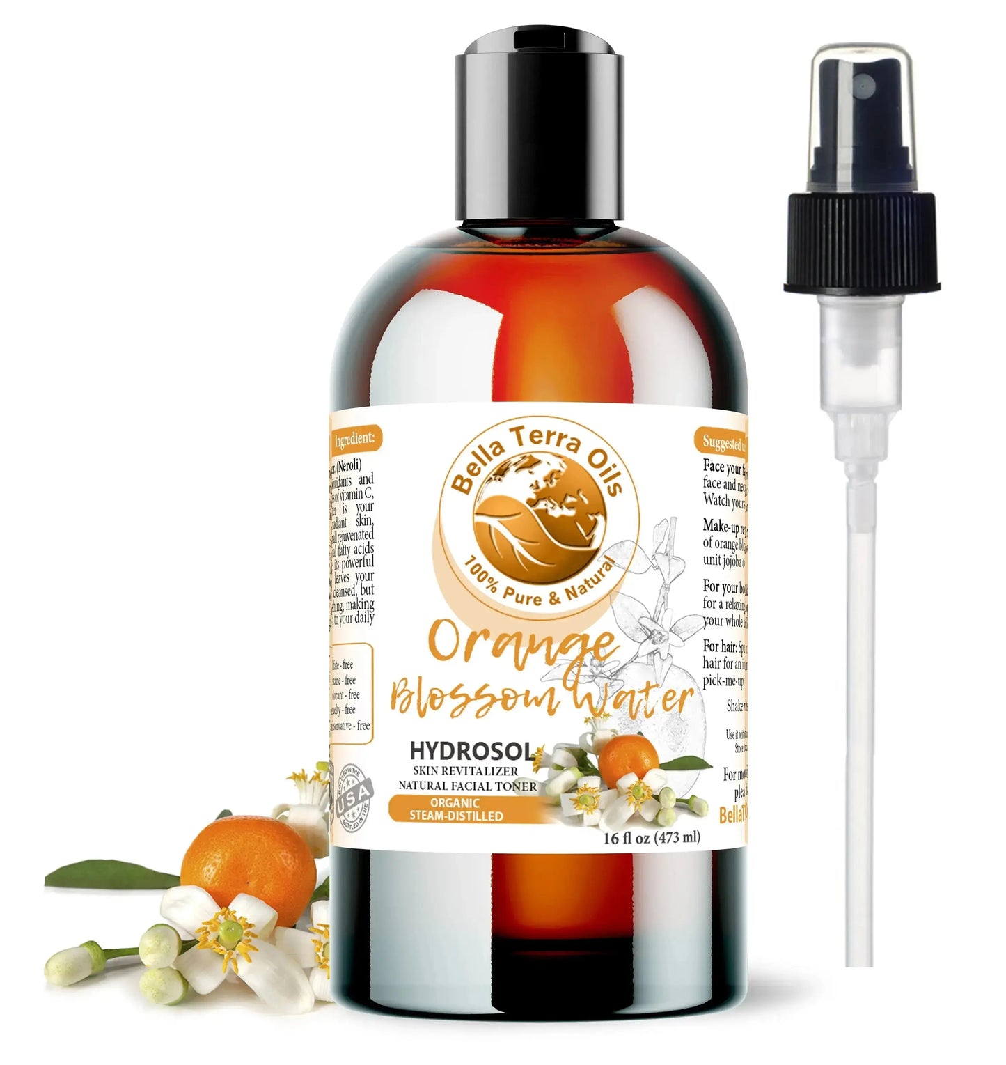 Orange Blossom Water: Natural, Fragrant, Ideal for Skin, Hair, Aromatherapy - Bella Terra Oils