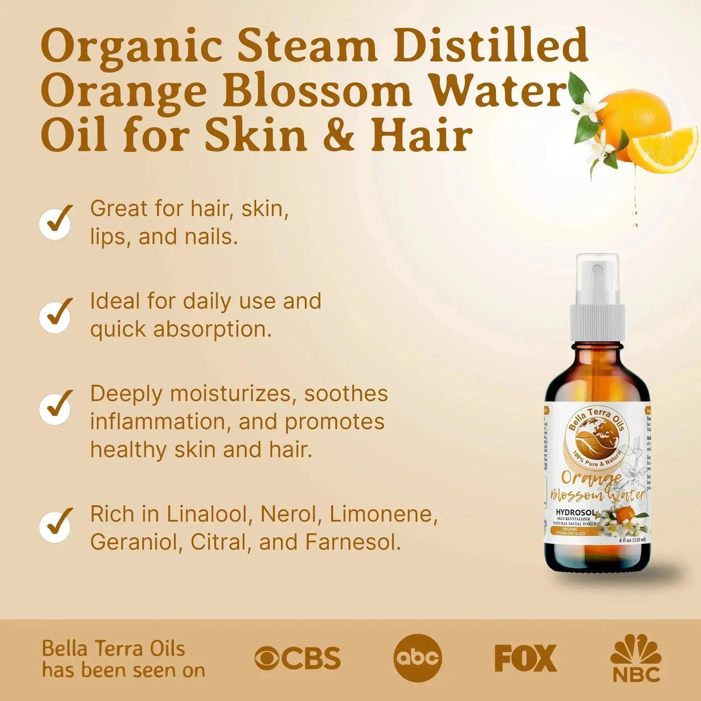 Orange Blossom Water: Natural, Fragrant, Ideal for Skin, Hair, Aromatherapy - Bella Terra Oils