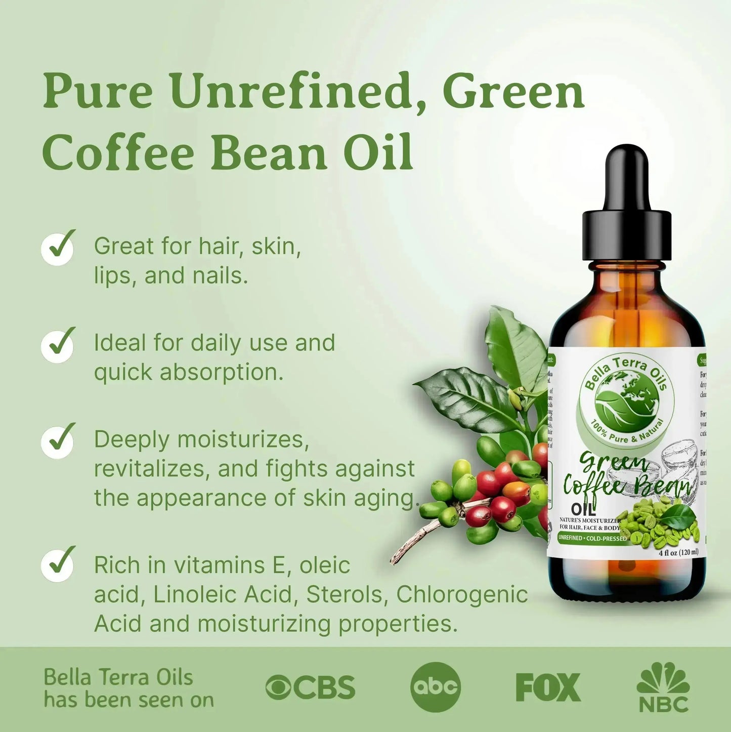 Green Coffee Bean Oil - 4oz | Cold-Pressed Oil for Skincare, Haircare & DIY Projects