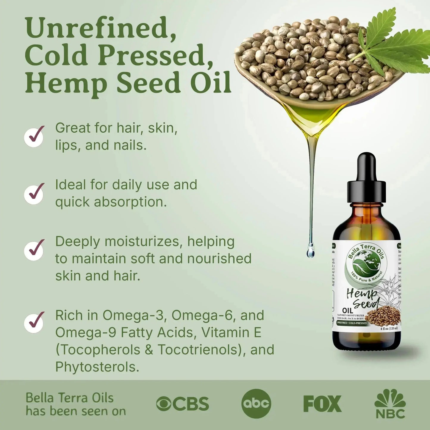 Hemp Seed Oil - 4oz | Cold-Pressed Oil for Skincare, Haircare & DIY Projects