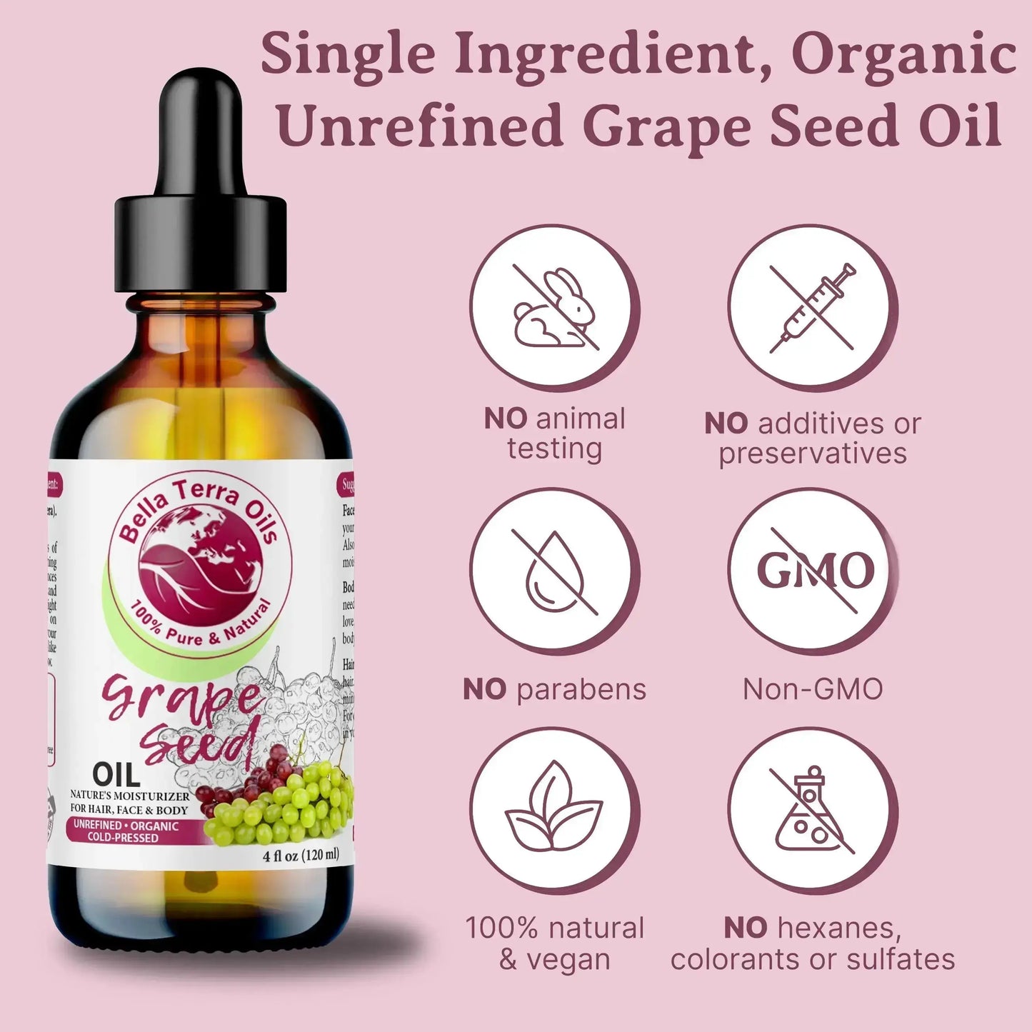 Organic 8oz Grape Seed Oil - Pure, Cold-Pressed, All-Natural Oil for Beauty & Wellness