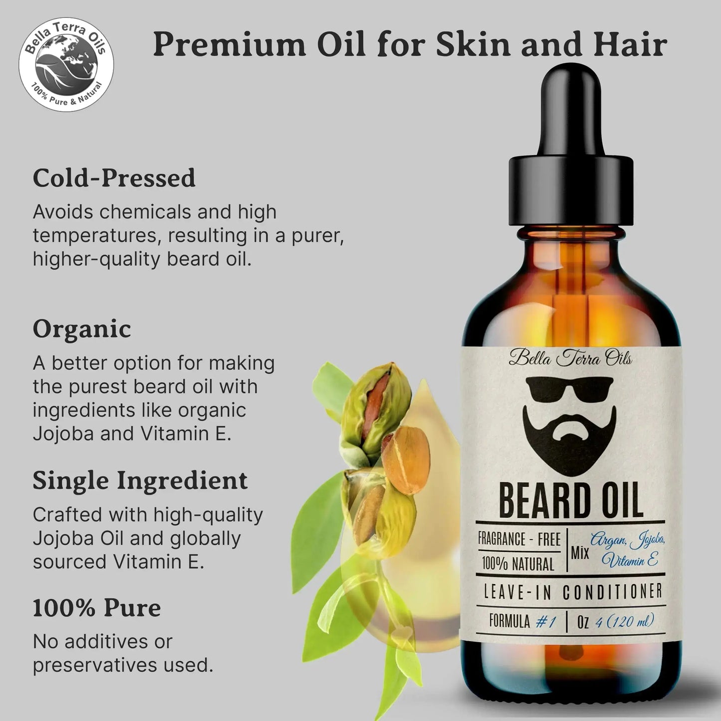 Beard Oil: Premium Blend, Nourishes & Softens, Ideal for Facial Hair Care - Bella Terra Oils