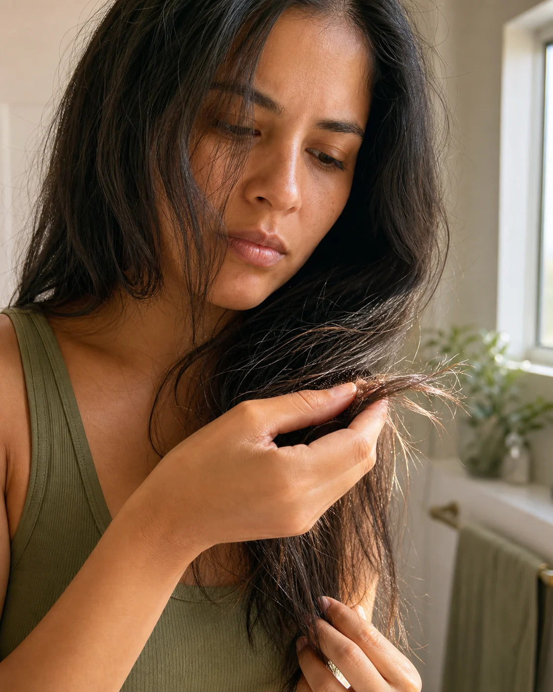 Woman checking and smoothing the dry-looking ends of her hair