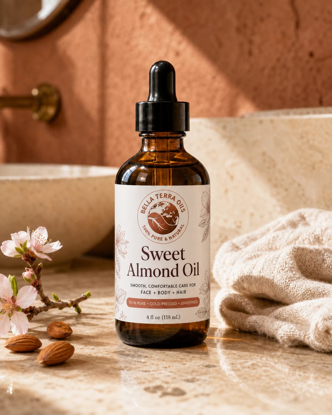 Bottle of Sweet Almond Oil suited to massage routines