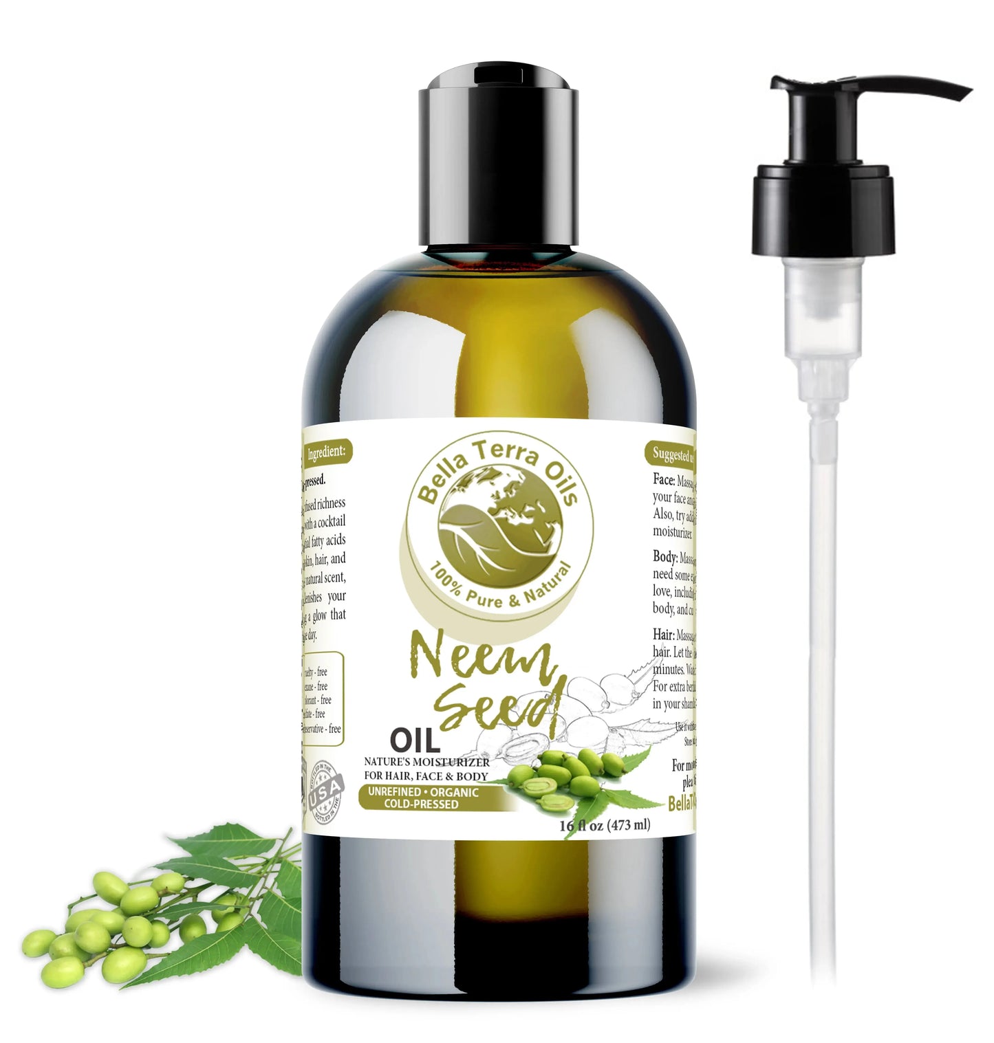 Neem Seed Oil: Cold-Pressed, Pure, Essential for Skin and Hair Health - Bella Terra Oils