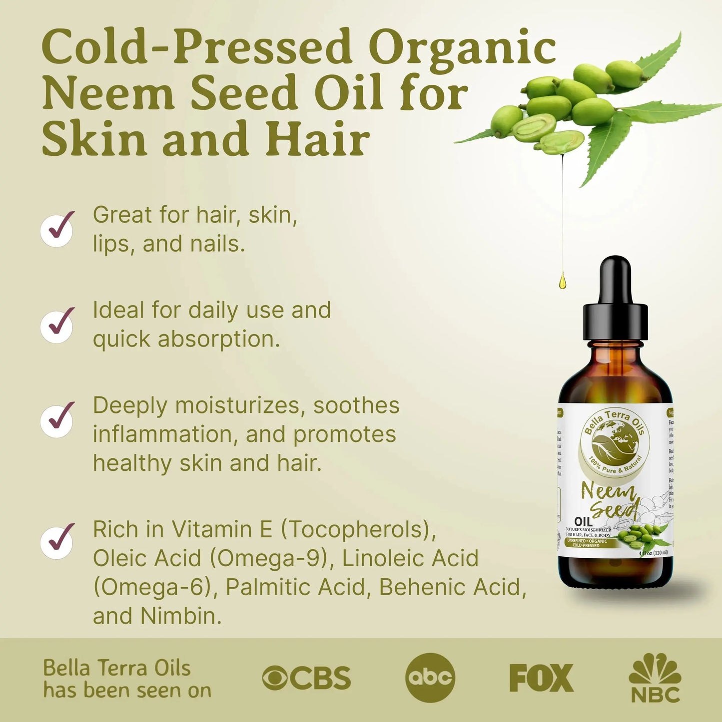 Neem Seed Oil: Cold-Pressed, Pure, Essential for Skin and Hair Health - Bella Terra Oils