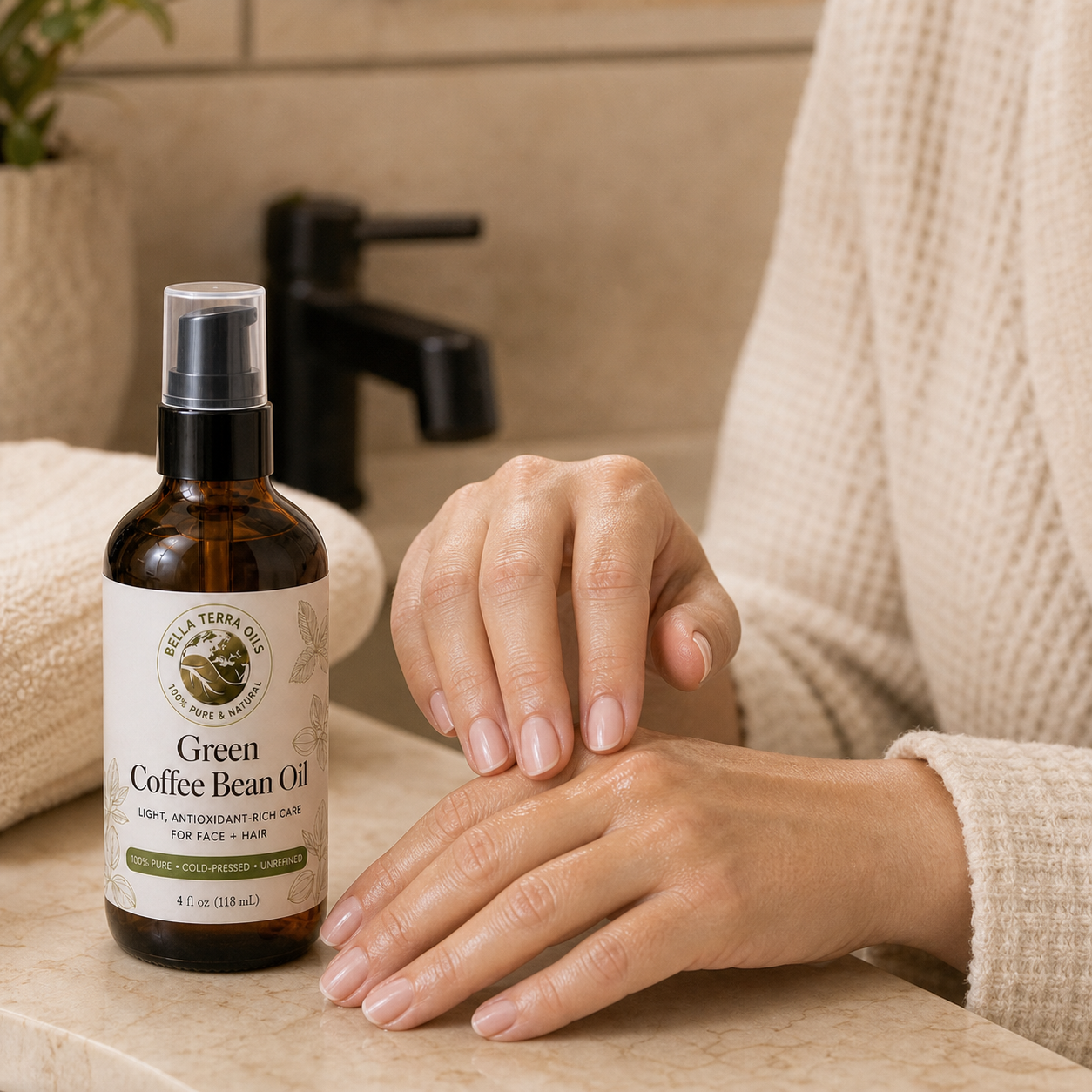 Customer pressing a small amount of Green Coffee Bean Oil into hands and cuticles
