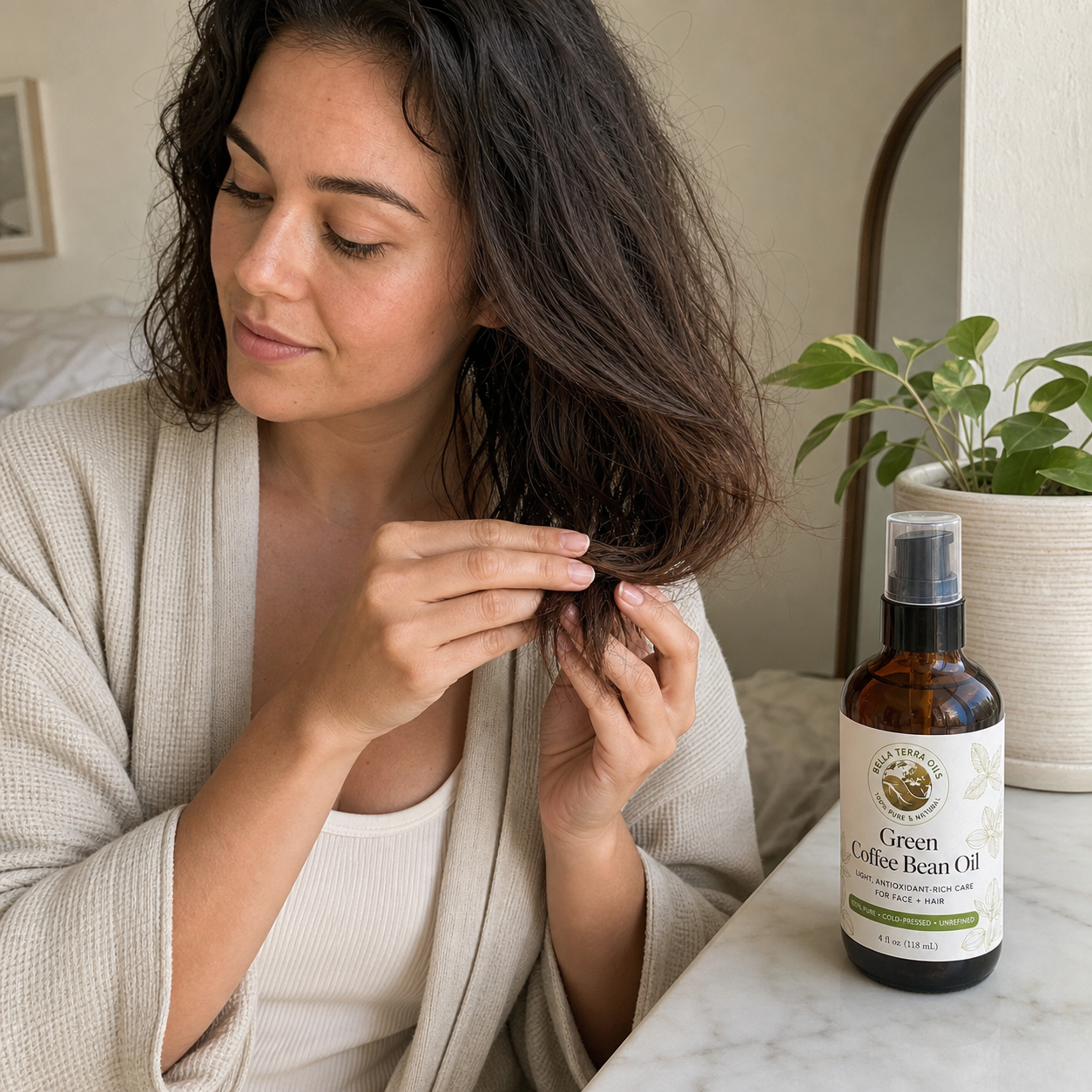 Customer smoothing one drop of Green Coffee Bean Oil over dry-looking hair ends