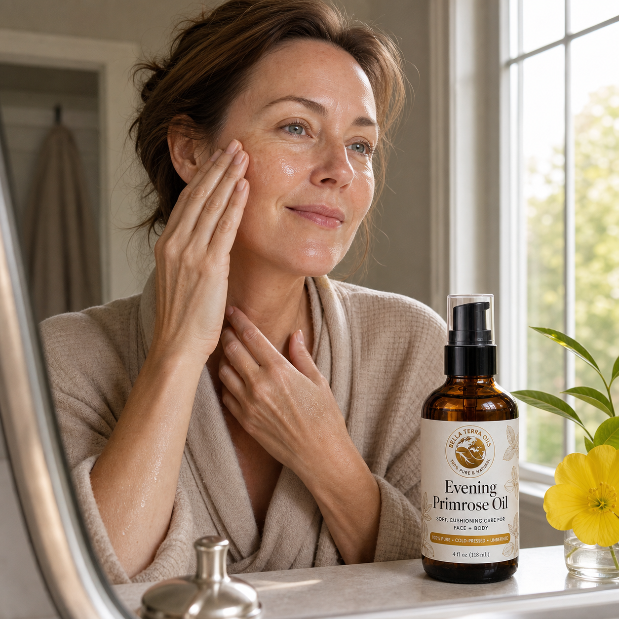 Evening Primrose Oil pressed onto clean face and neck skin