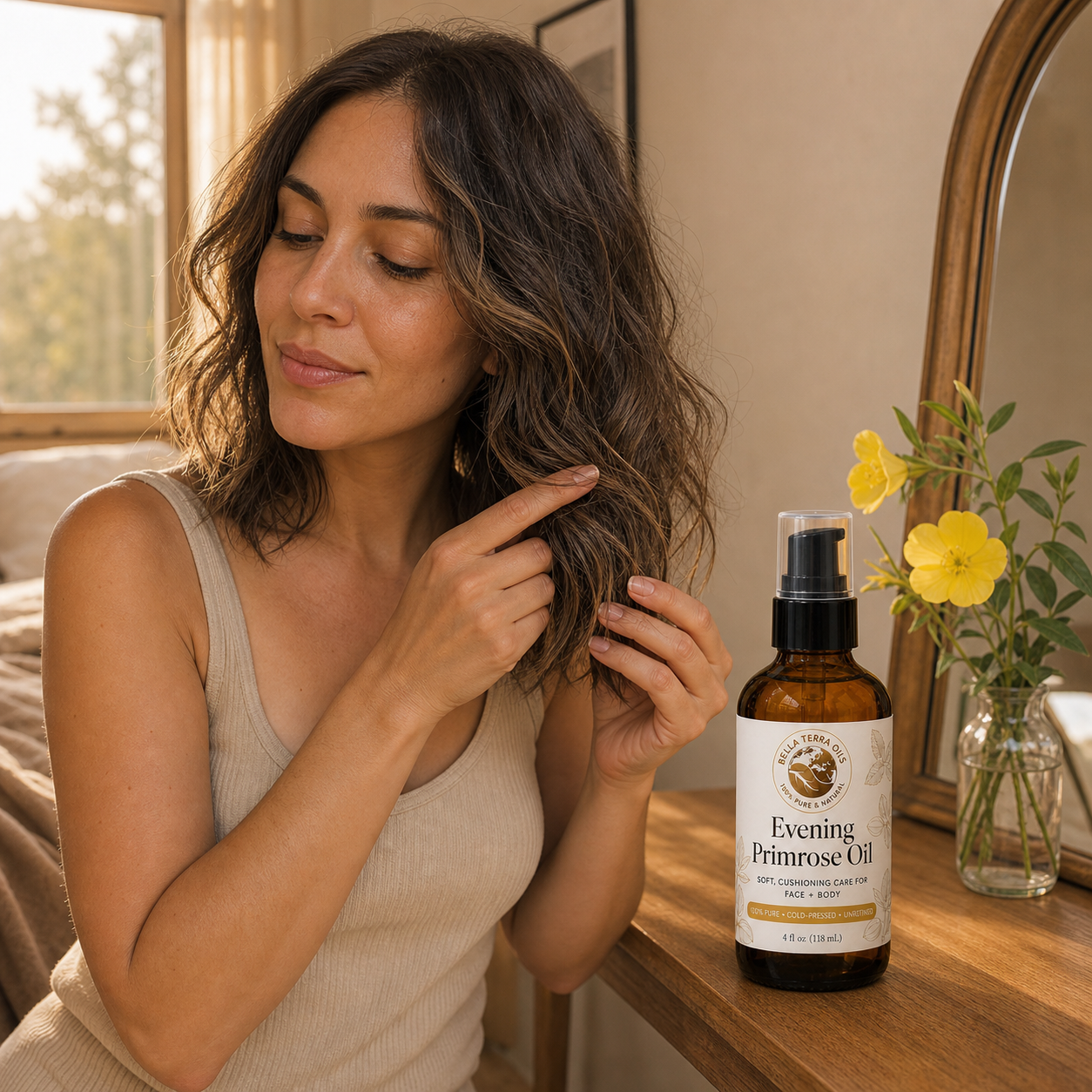 Evening Primrose Oil smoothed over dry-looking hair ends