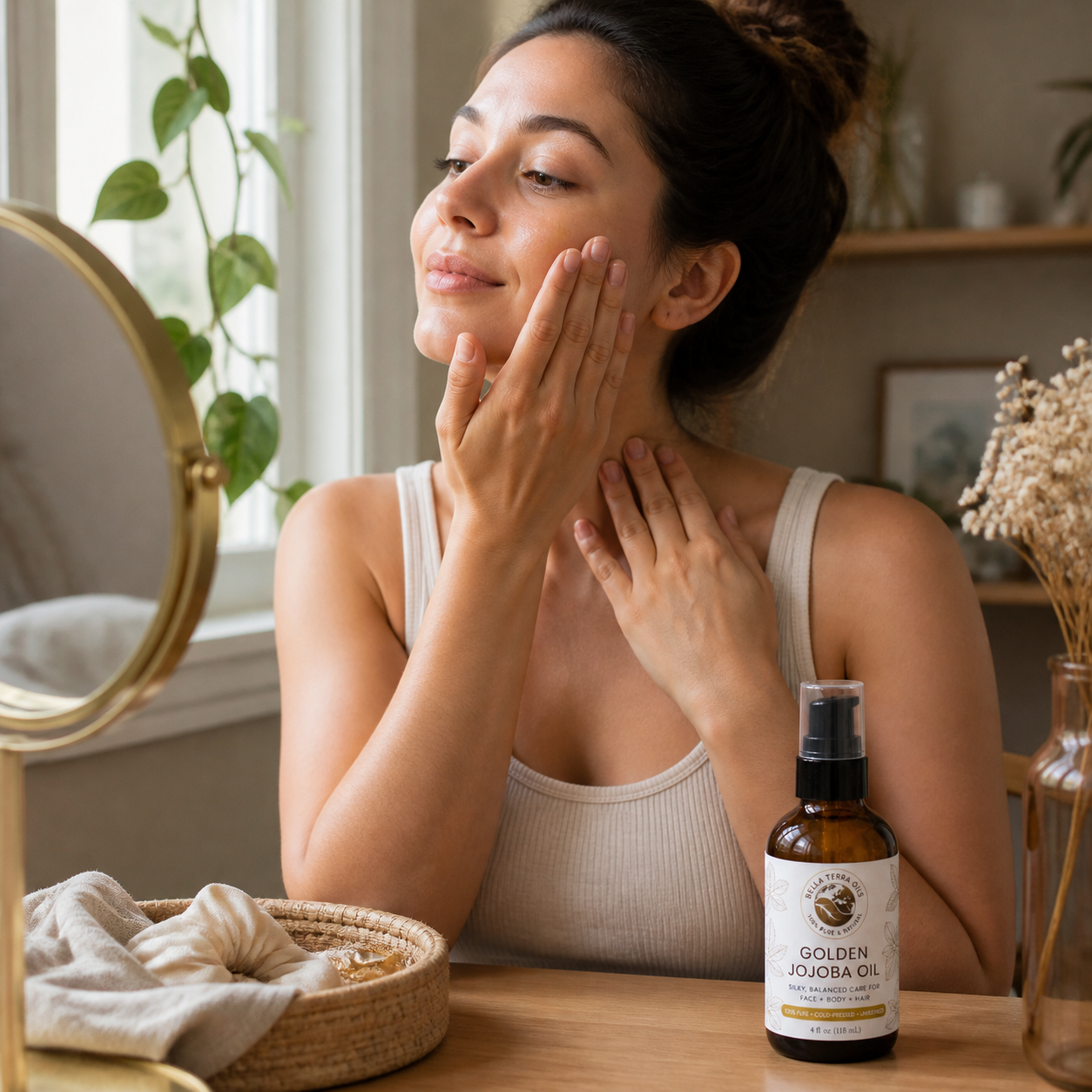 Customer massaging Golden Jojoba Oil onto clean face and neck