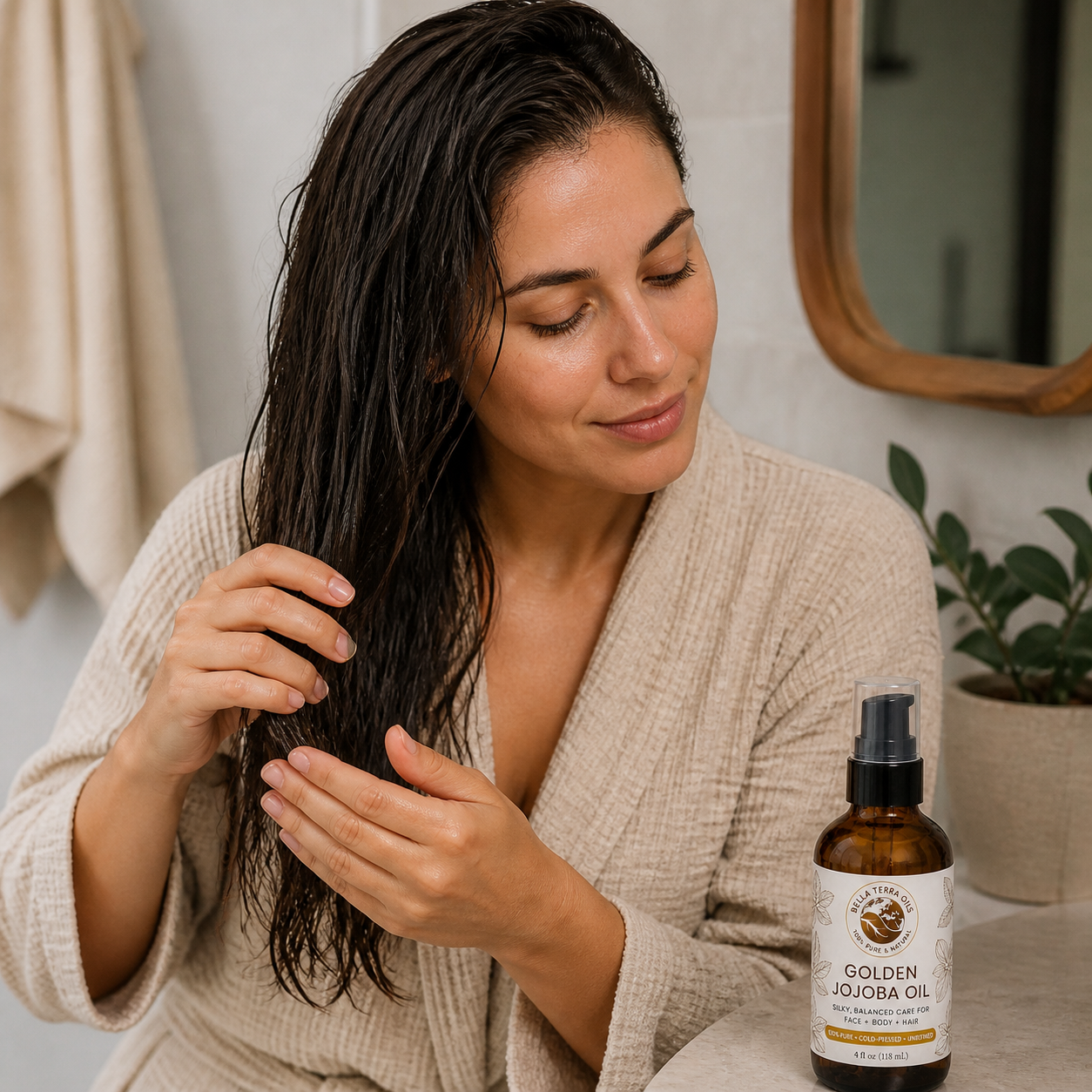 Customer smoothing Golden Jojoba Oil over damp hair ends