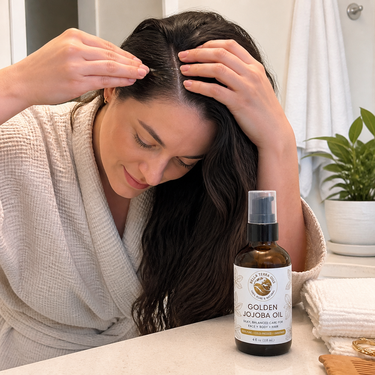 Customer sectioning her hair and massaging Golden Jojoba Oil at the scalp