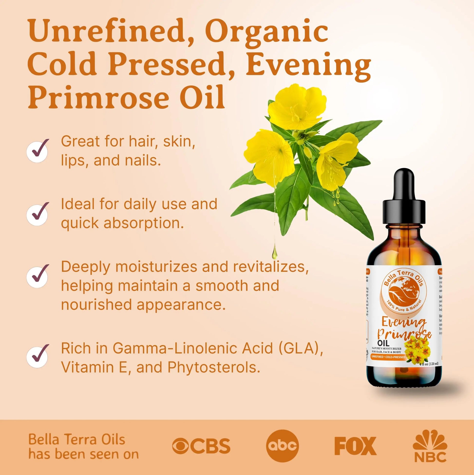Bottle of Bella Terra Oils Evening Primrose Oil with product details on a beige background