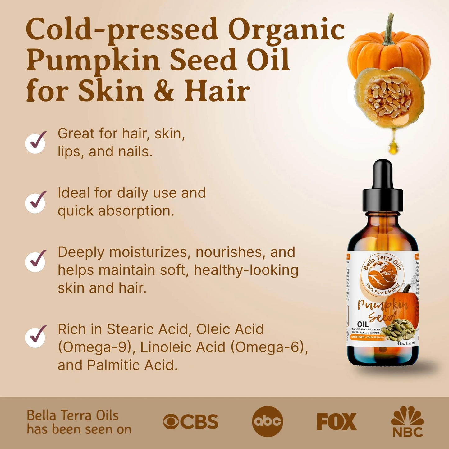 Bottle of Bella Terra Oils pumpkin seed oil with pumpkins and product details on a beige background
