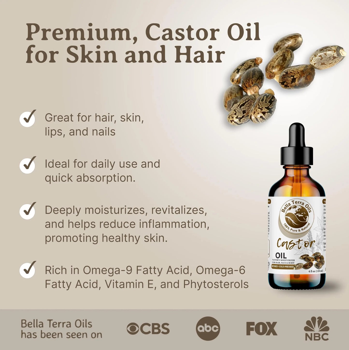 Bottle of Bella Terra Oils castor oil with product details and branding on a beige background
