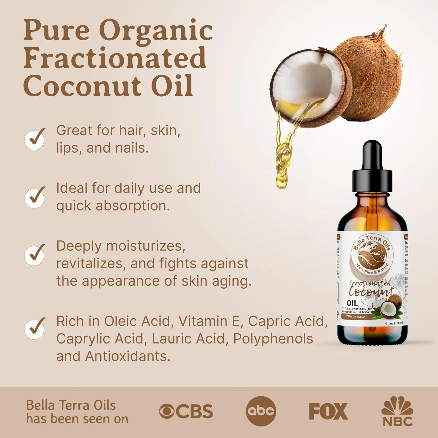 Bella Terra Oils coconut oil bottle with dropper and coconuts on a beige background