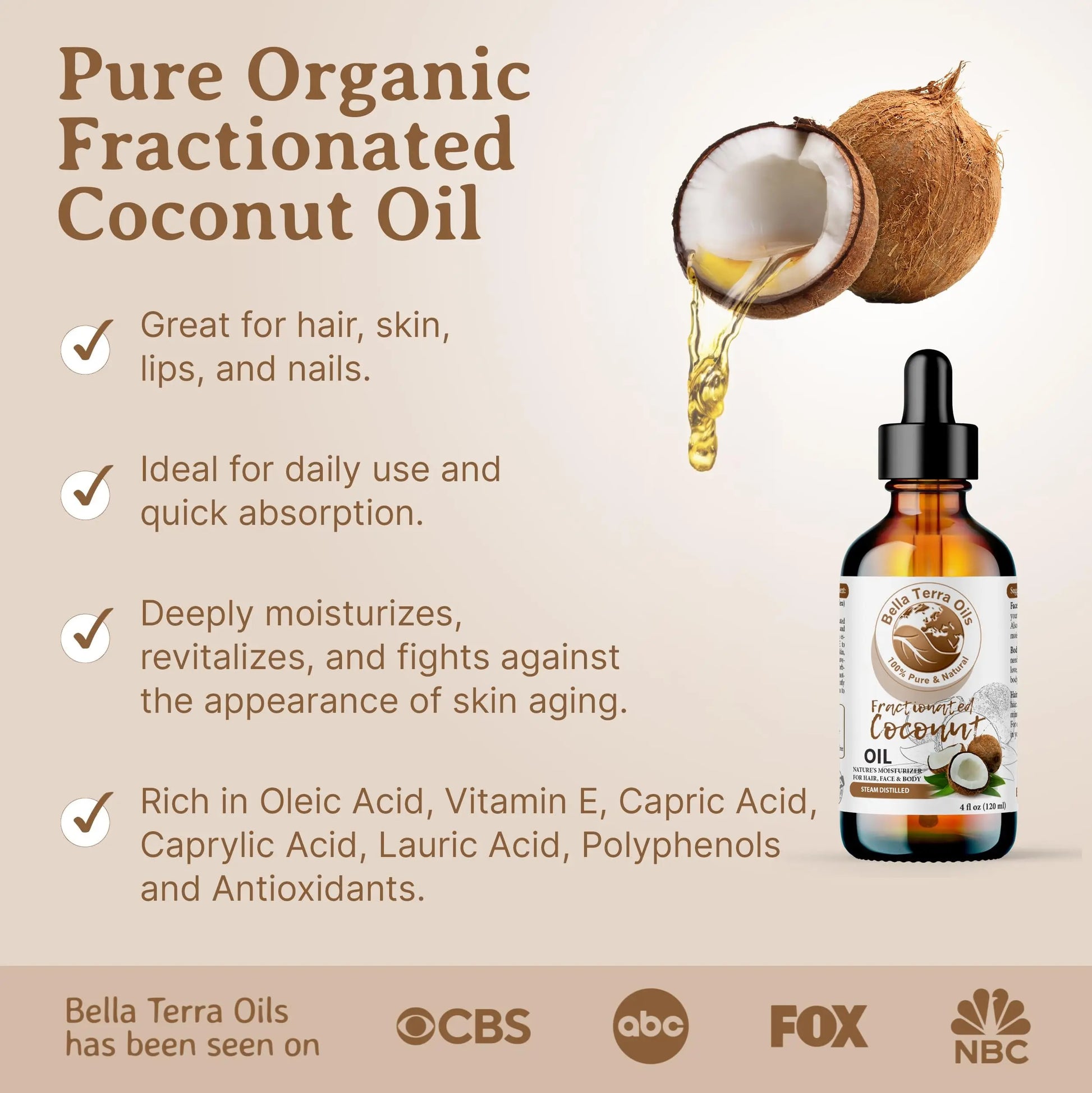 Bella Terra Oils coconut oil bottle with dropper and coconuts on a beige background
