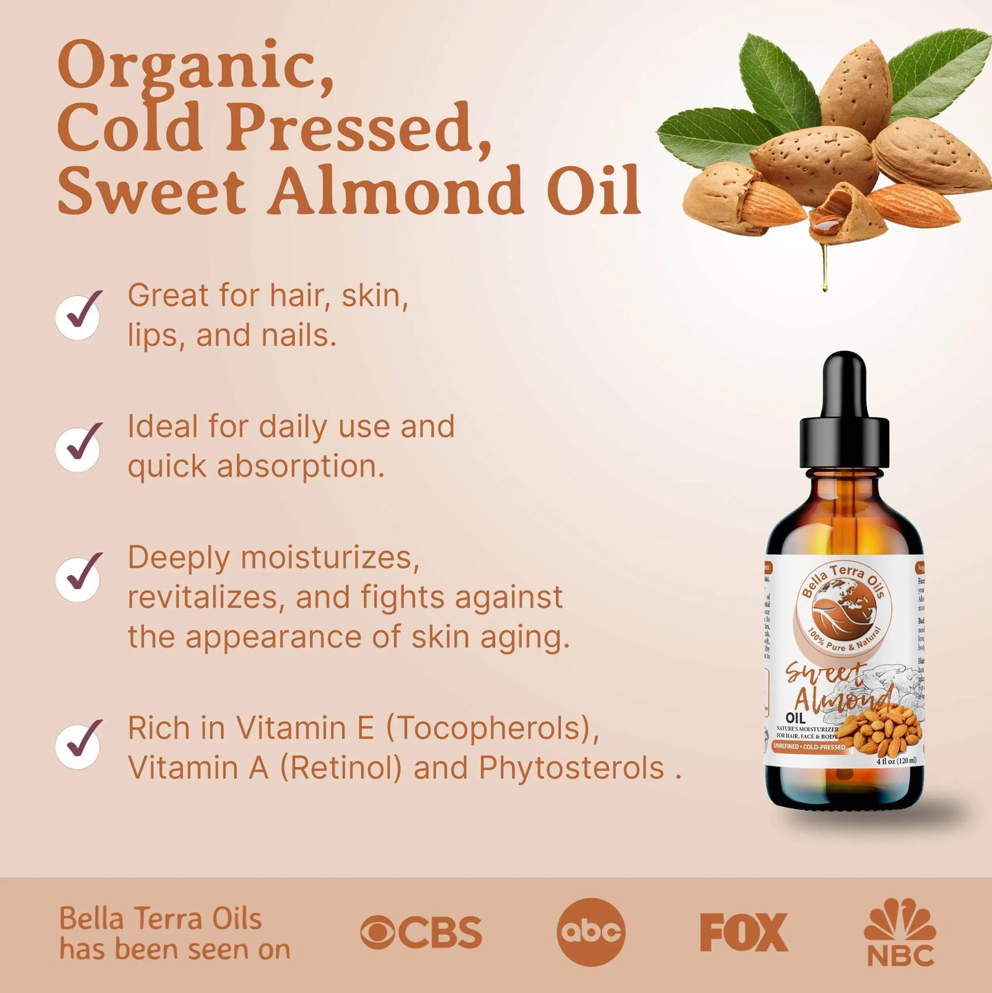 Bottle of organic sweet almond oil with text highlighting its benefits on a beige background.