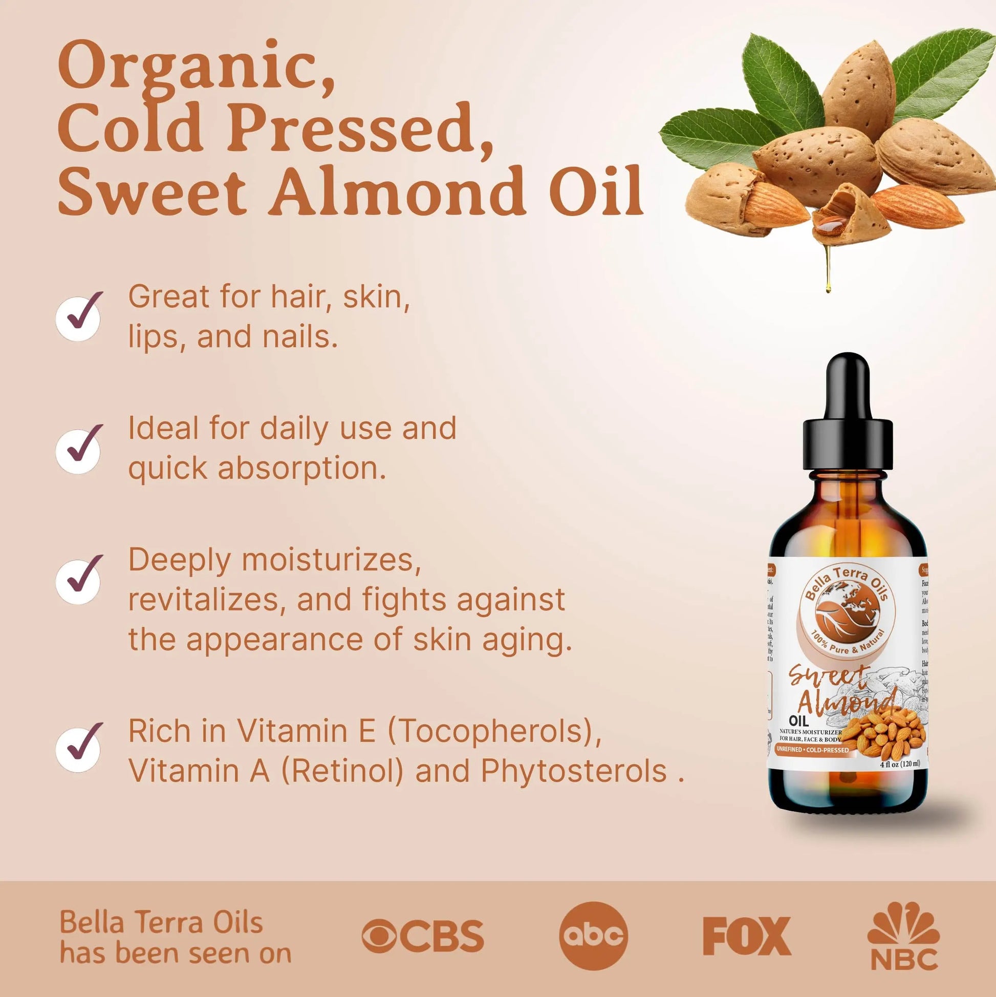 Bottle of organic sweet almond oil with text highlighting its benefits on a beige background.