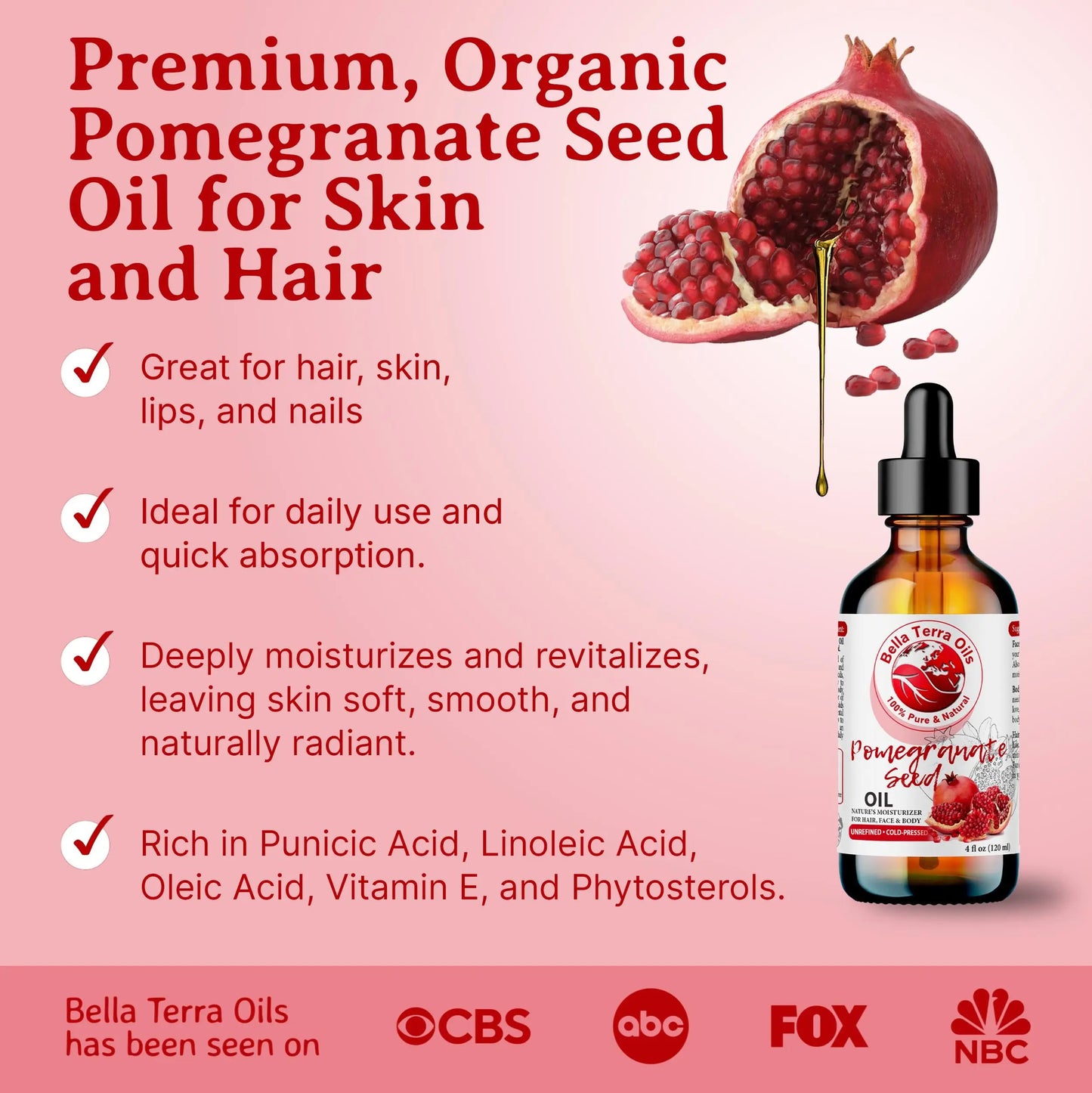 Bottle of pomegranate seed oil with promotional text on a pink background
