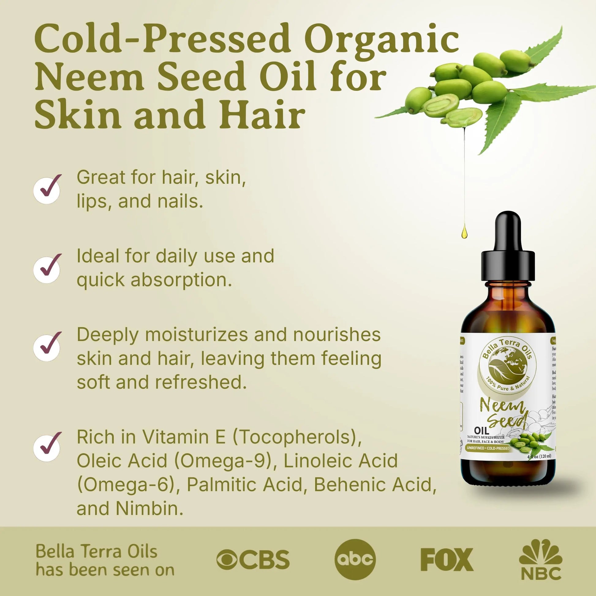 Bottle of Bella Terra Oils Neem Seed Oil with product details and branding on a beige background