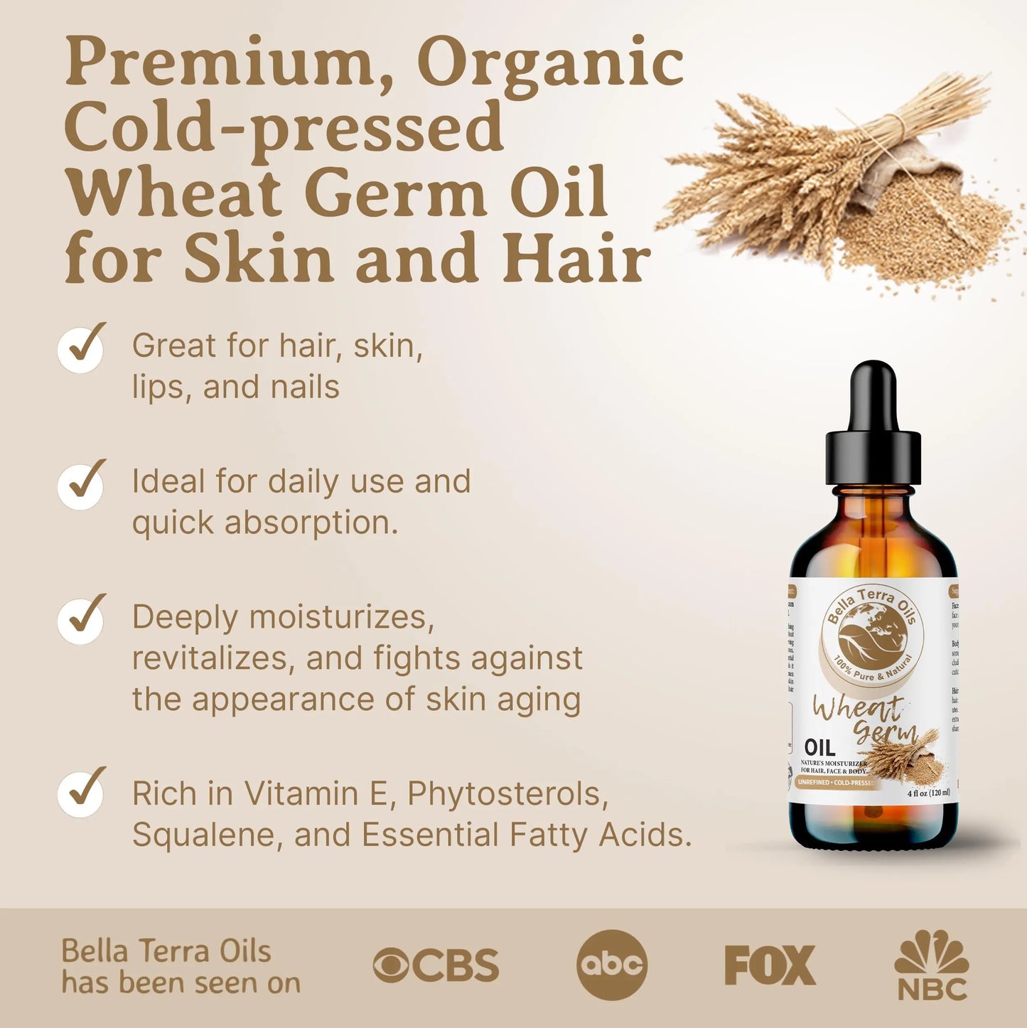 Bottle of wheat germ oil with product description and branding on a beige background