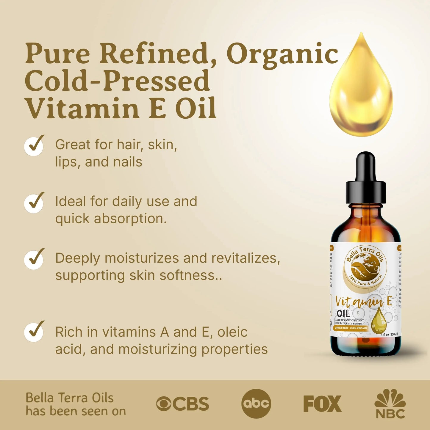 Bella Terra Oils Vitamin E oil bottle with dropper on a beige background, featuring product benefits and logos.