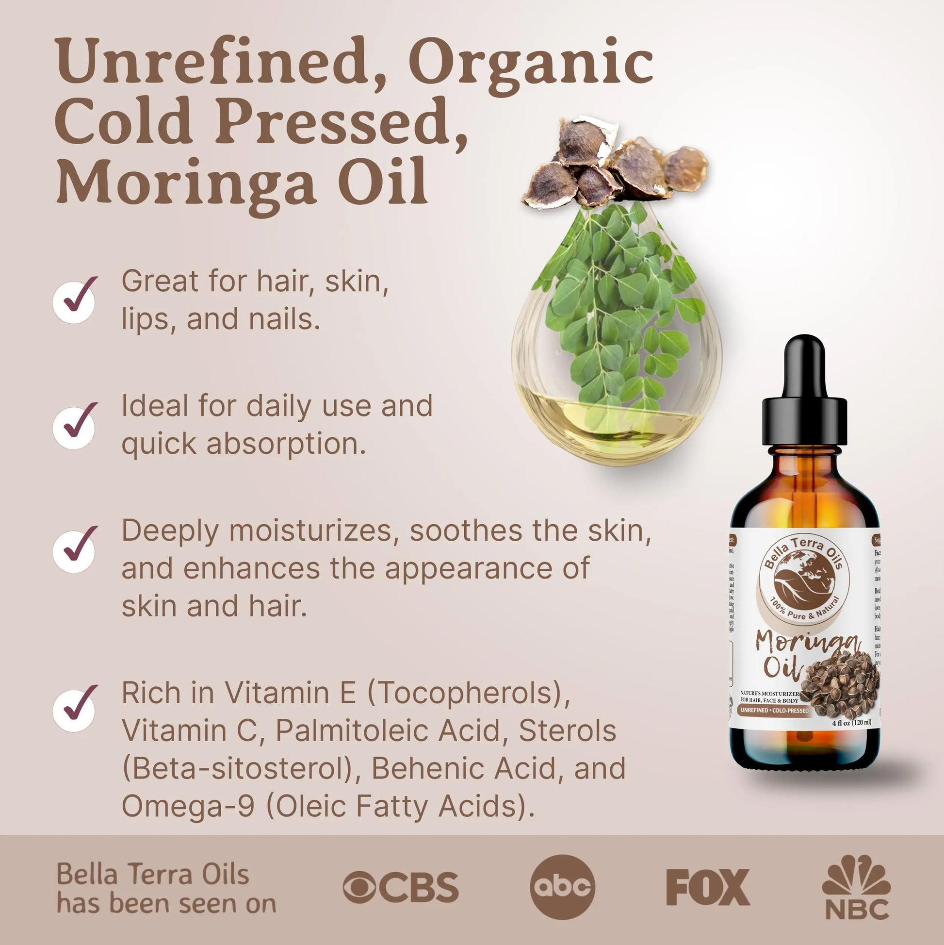 Bella Terra Oils Moringa oil bottle with product details and branding logos on a beige background