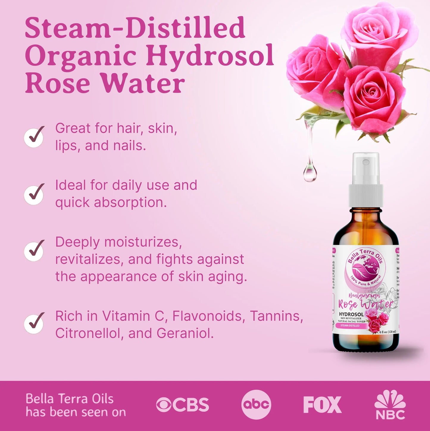 Bottle of Bella Terra Oils Rose Water with pink roses on a pink background