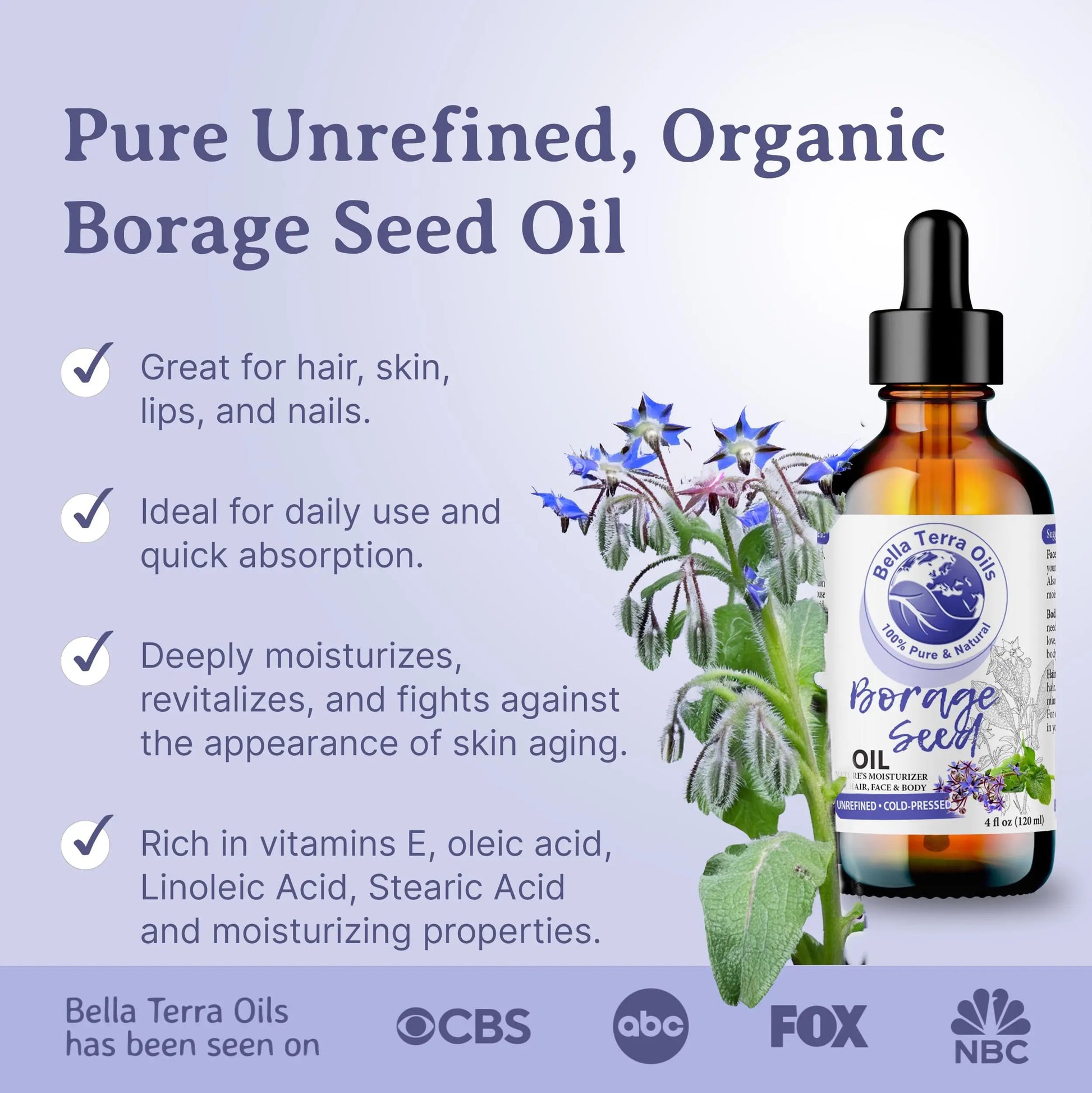 Bottle of Bella Terra Oils borage seed oil with dropper, surrounded by borage flowers on a light purple background.
