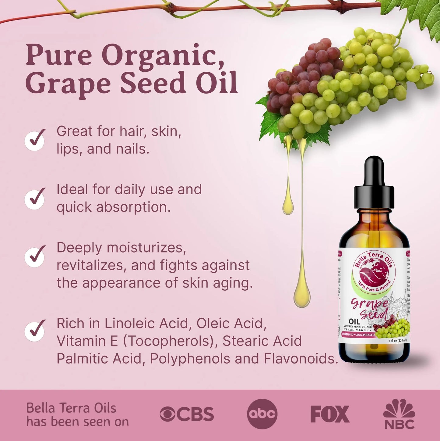 Bottle of Bella Terra Oils grape seed oil with text on a pink background