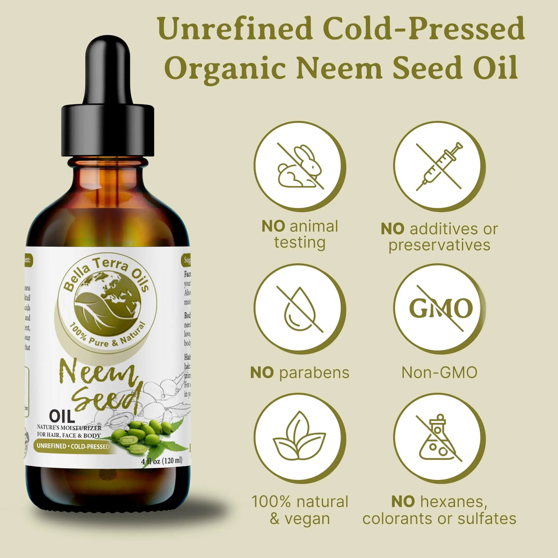 Bella Terra Oils Neem Seed oil bottle with certification icons on a beige background