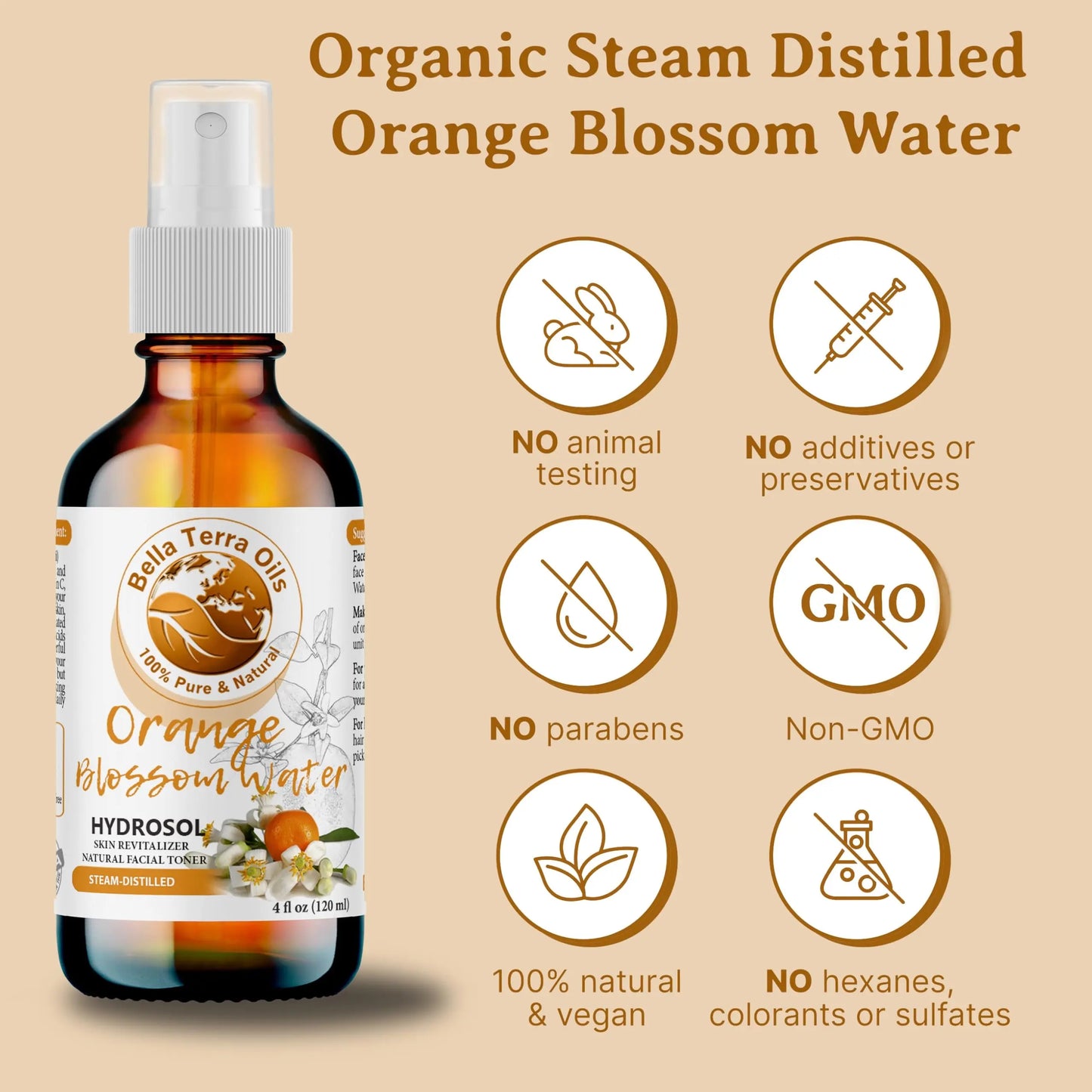 Bella Terra Oils Orange Blossom Water bottle with certification icons on a beige background