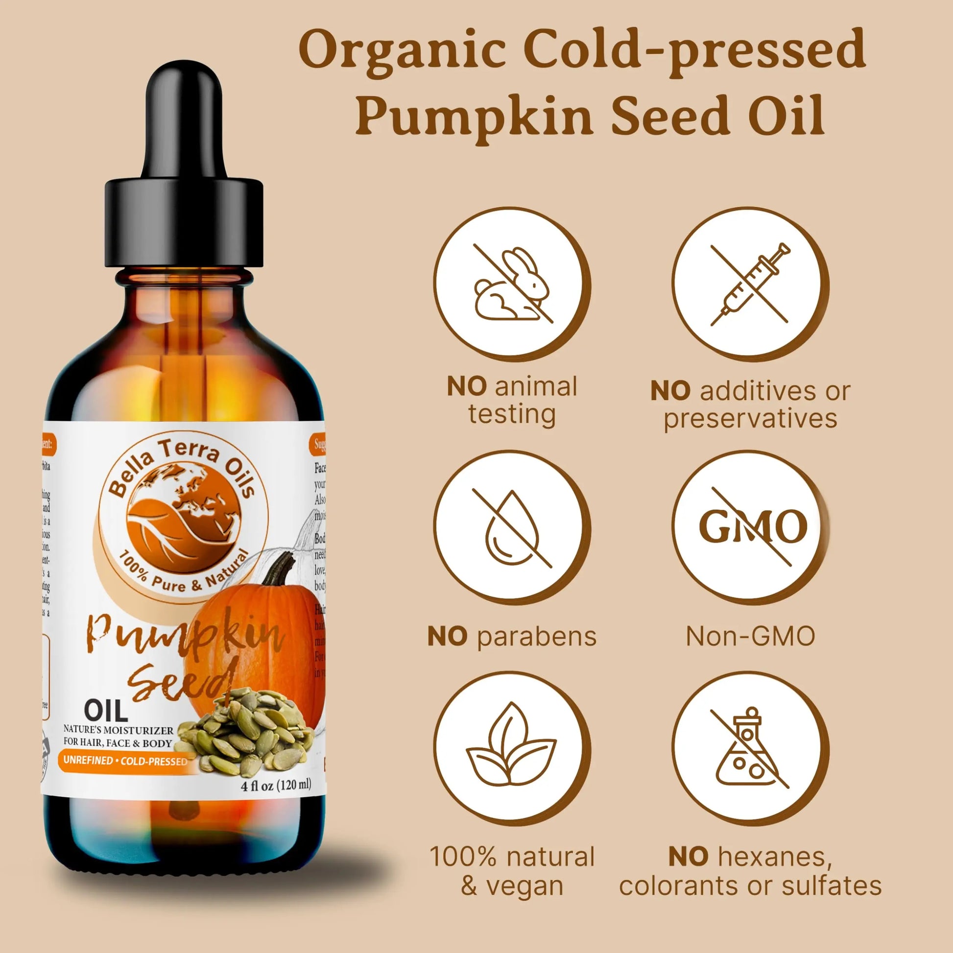 Bella Terra Oils pumpkin seed oil dropper bottle with certification icons on a beige background