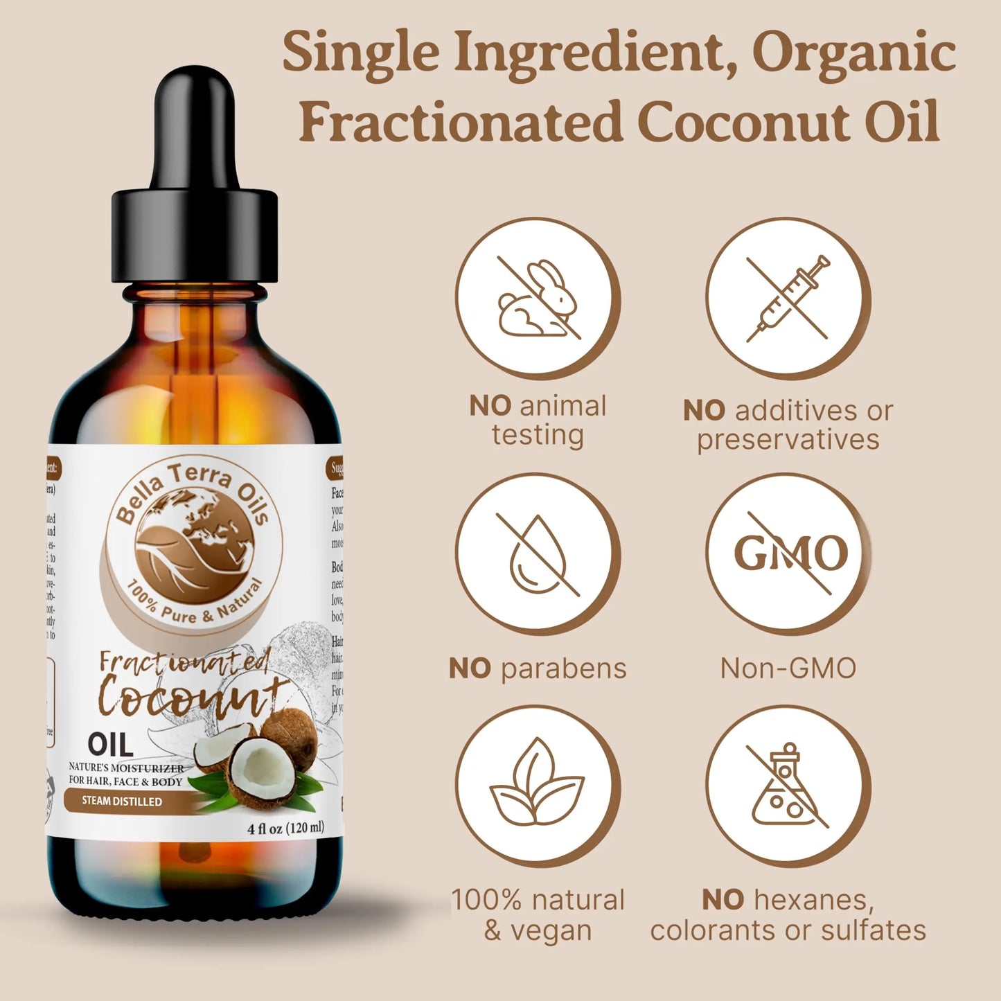 Bottle of Balla Terra Oils coconut oil with certification icons on a beige background