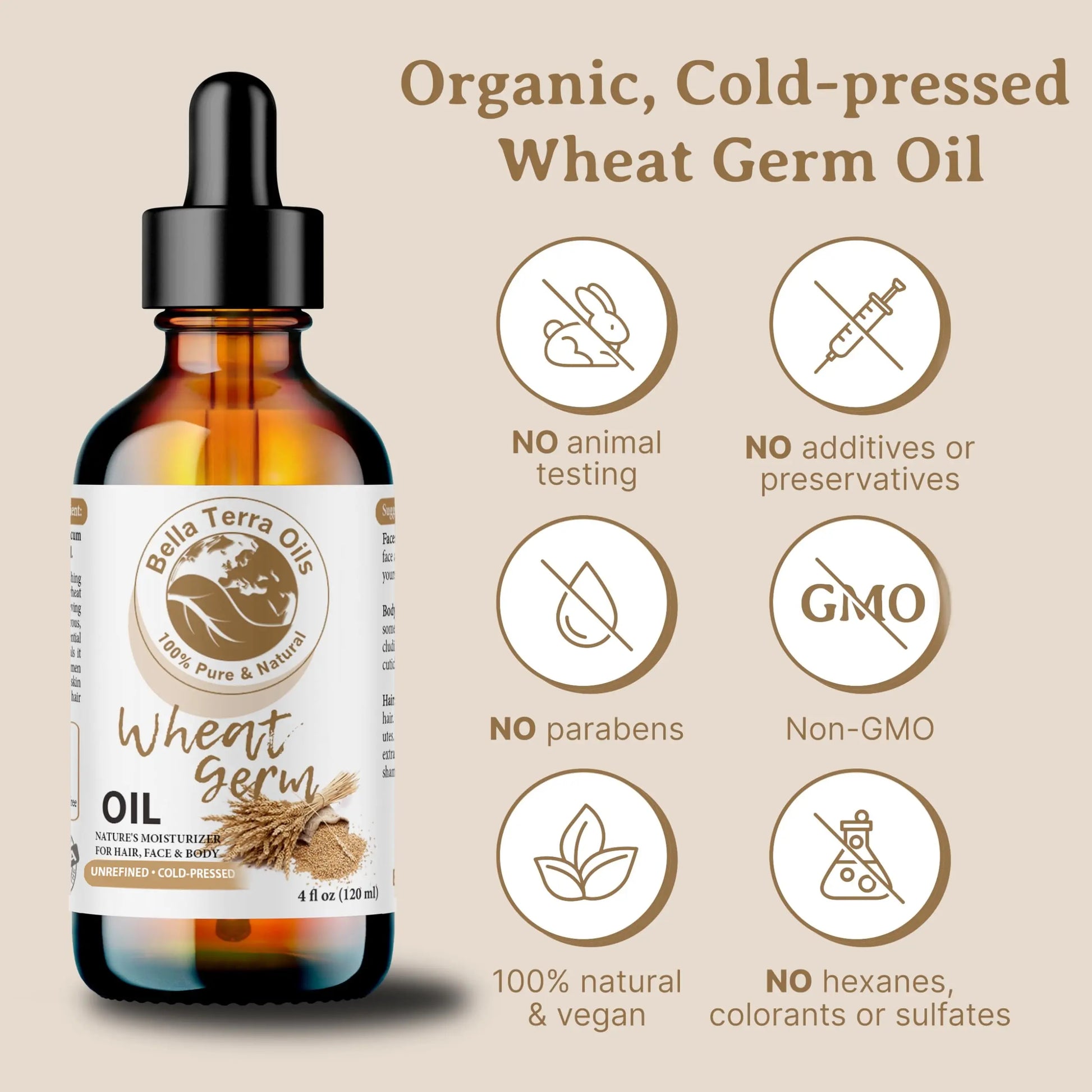 Bottle of Bella Terra Oils wheat germ oil with certification icons on a beige background