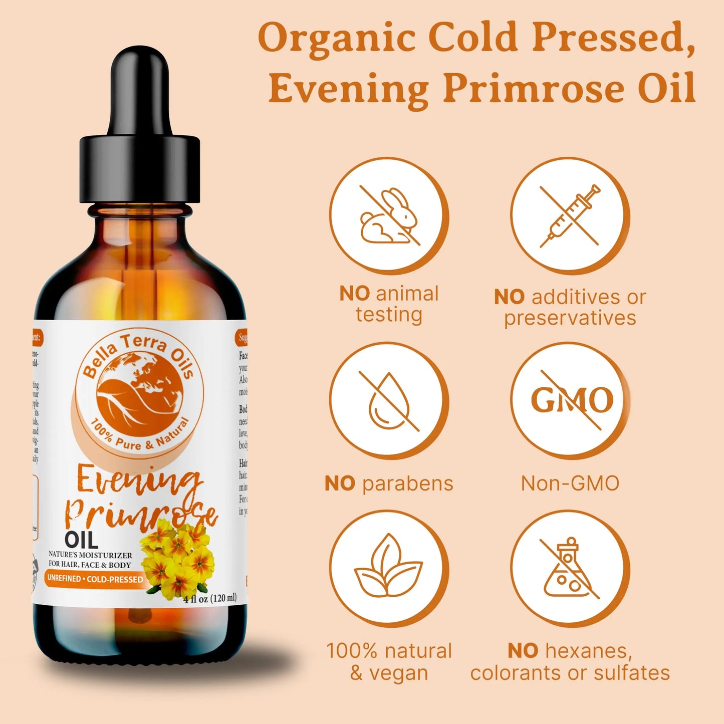 Bella Terra Oils evening primrose oil bottle with certification icons on a beige background