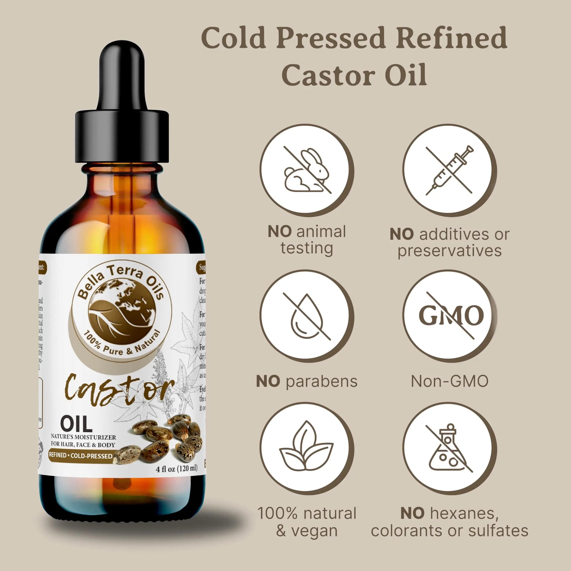 Bottle of Bella Terra Oils castor oil with certification icons on a beige background