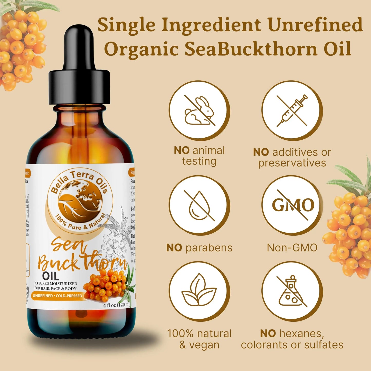 Bottle of Bella Terra Oils Sea Buckthorn Oil with certification icons on a beige background
