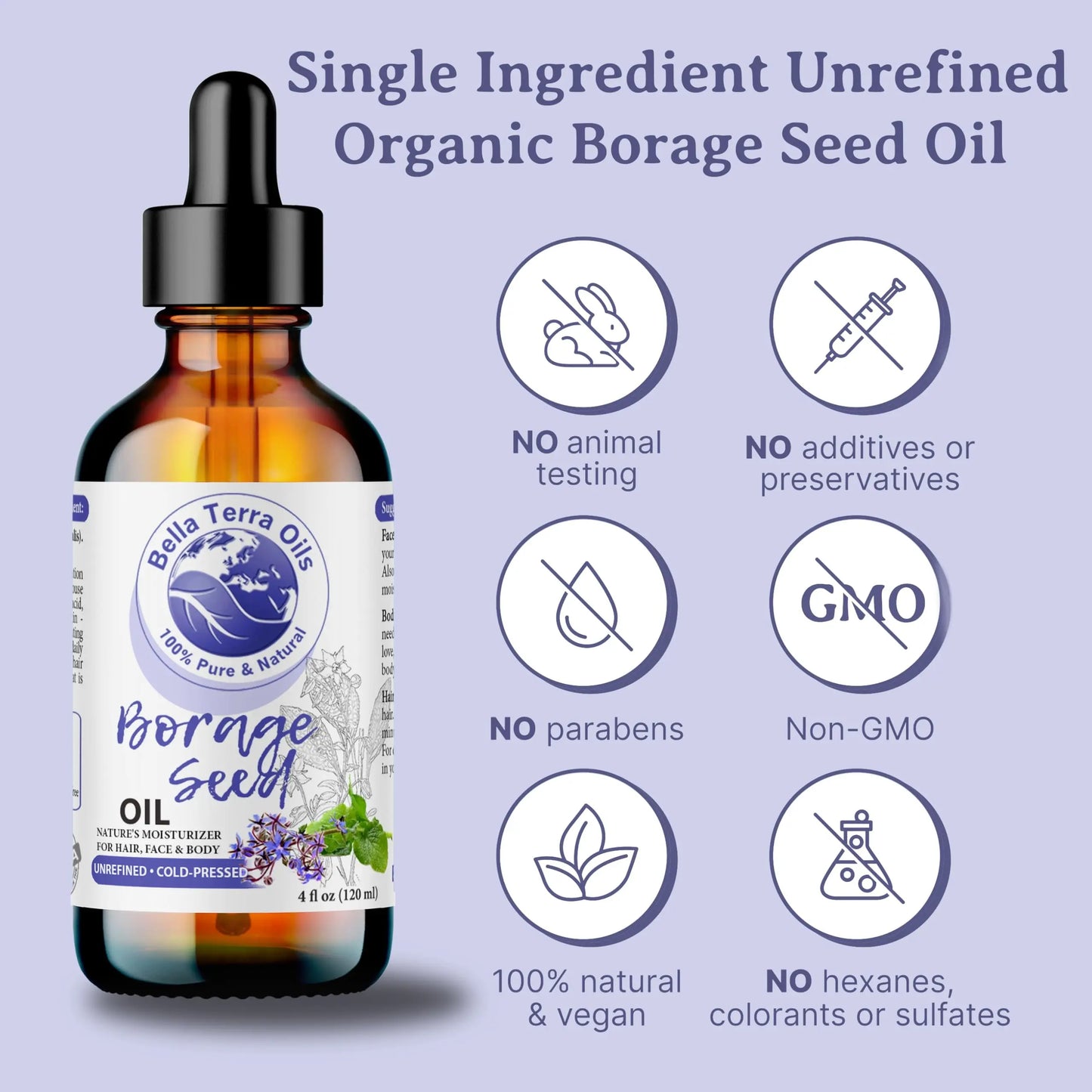 Bottle of Boria Terra Oils borage seed oil with certification icons on a light purple background