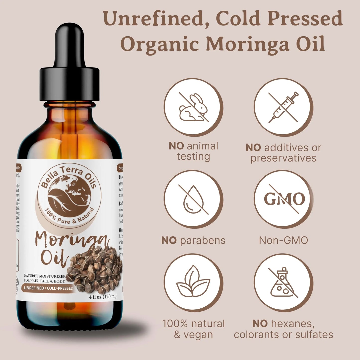 Bella Terra Oils Moringa oil bottle with certification icons on a beige background