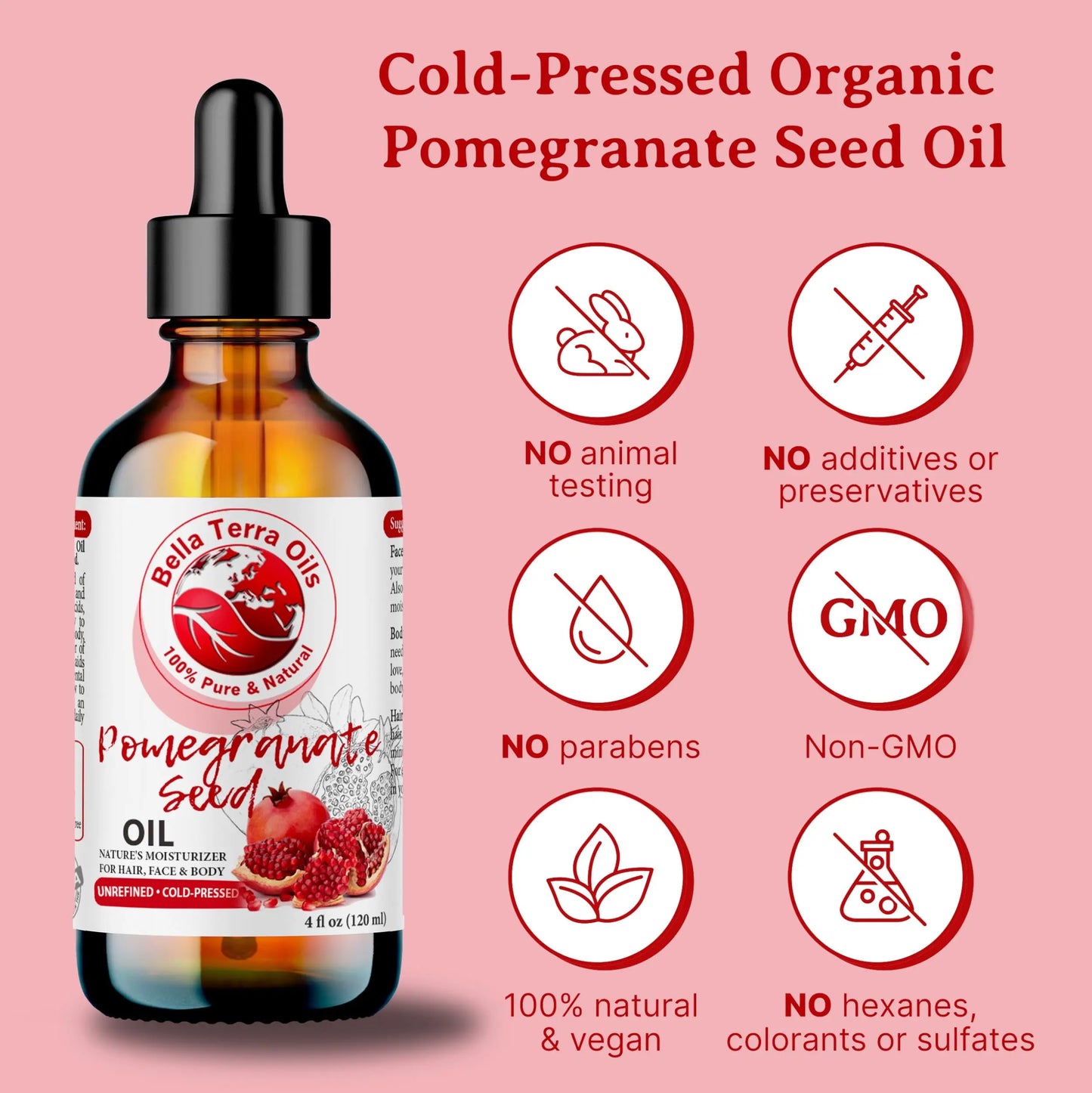 Bella Terra Oils pomegranate seed oil bottle with certification icons on a pink background