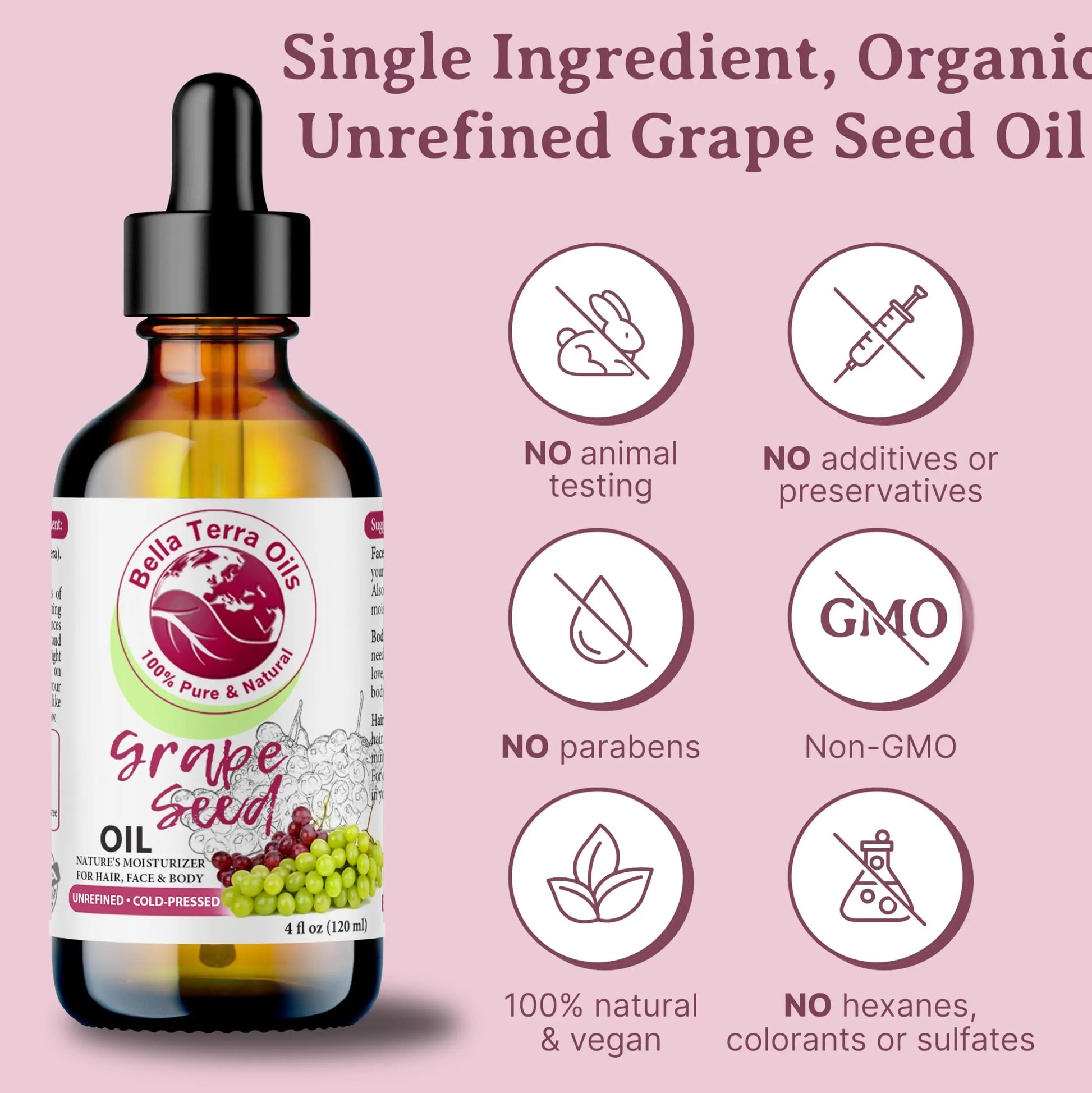 Bella Terra Oils grape seed oil bottle with certification icons on a pink background