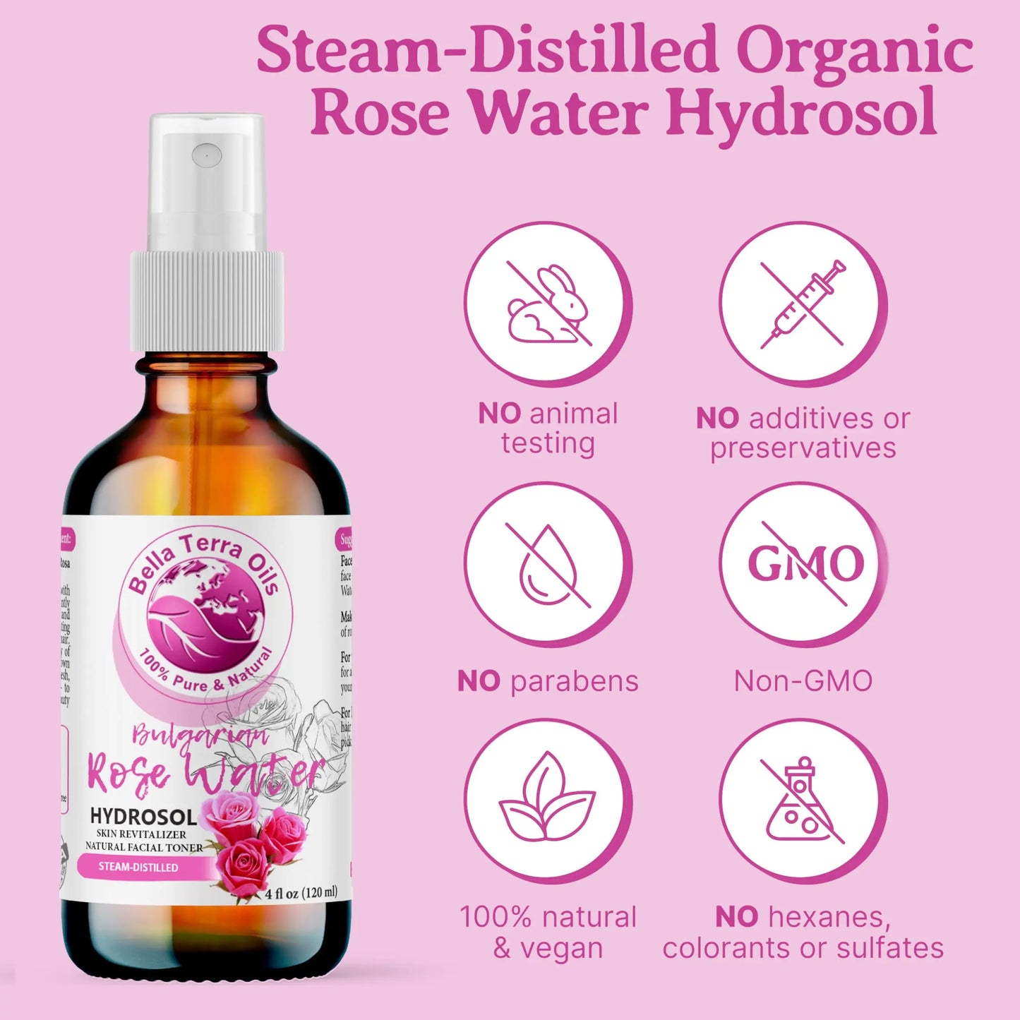 Bella Terra Oils rose water hydrosol bottle with certification icons on a pink background