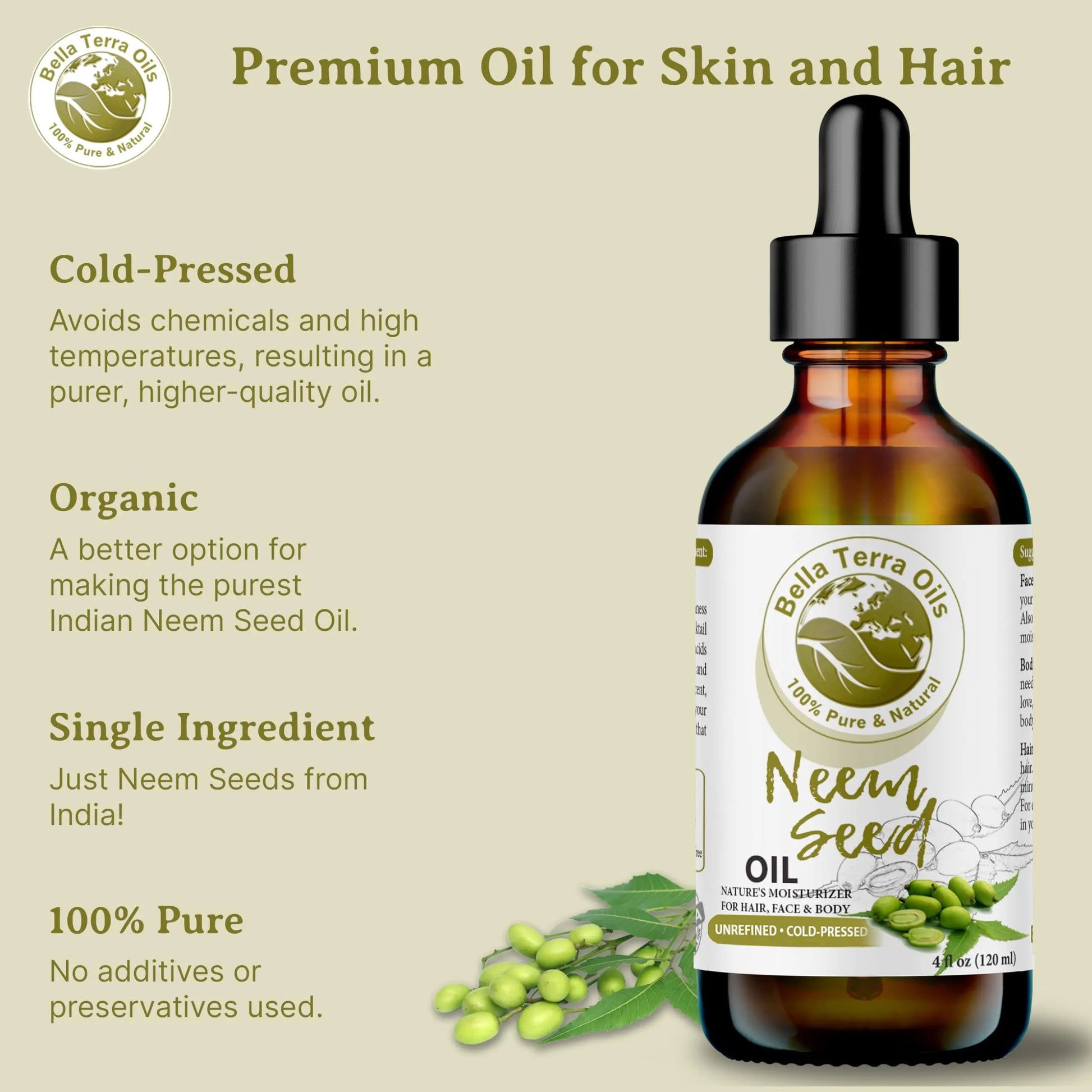 Bella Terra Oils Neem Seed Oil bottle with product details on a beige background