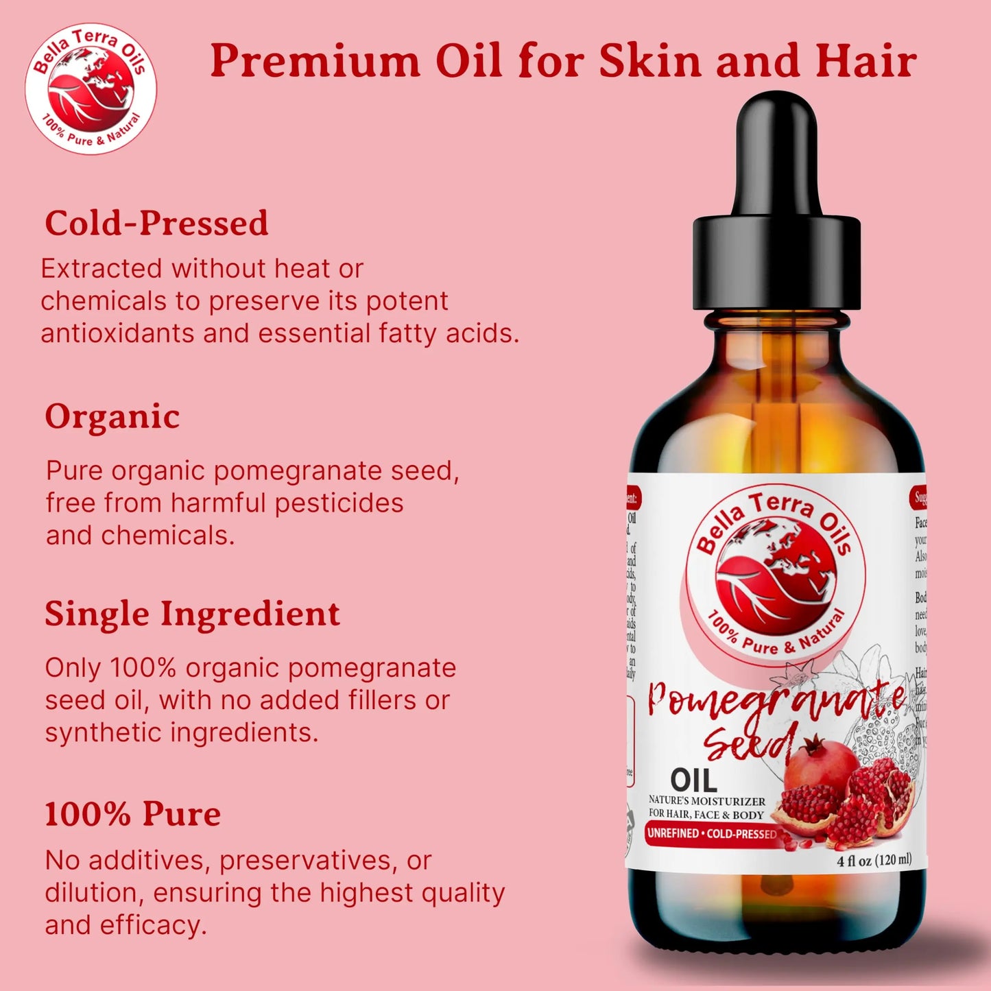 Balla Terra Oils pomegranate seed oil bottle with product details on a pink background