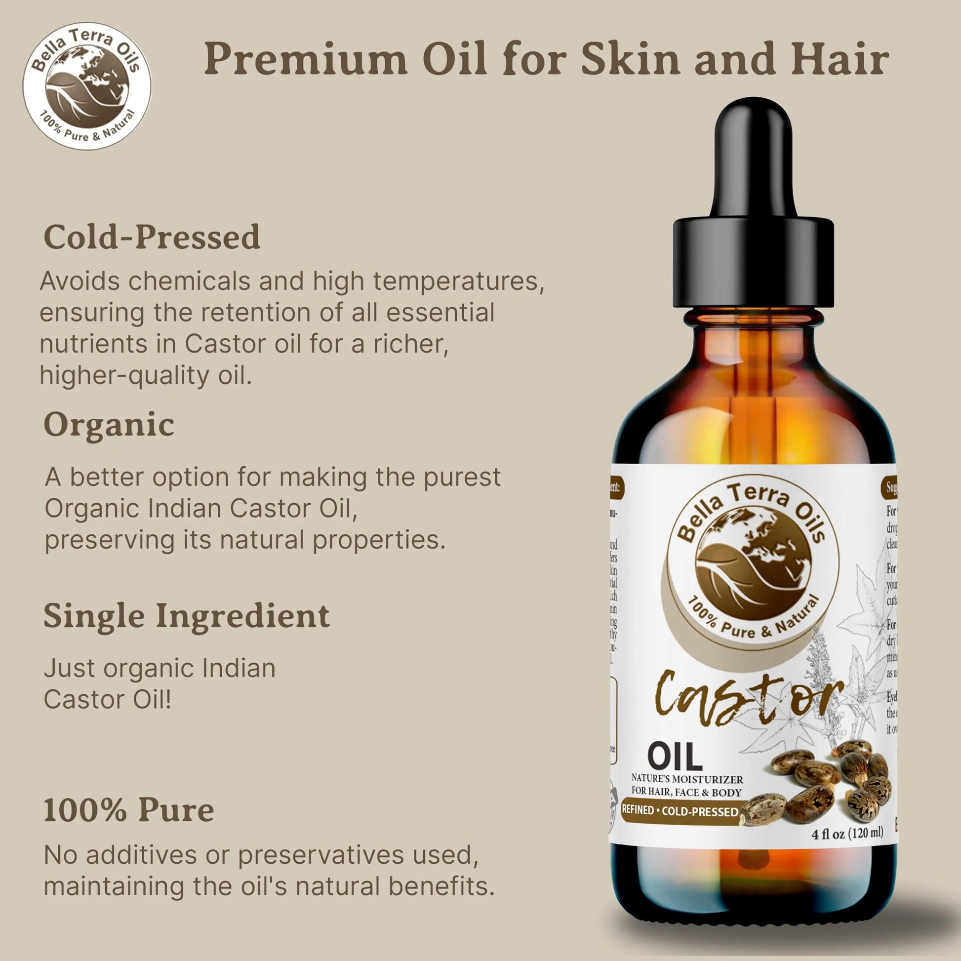 Bella Terra Oils castor oil bottle with product details on a beige background