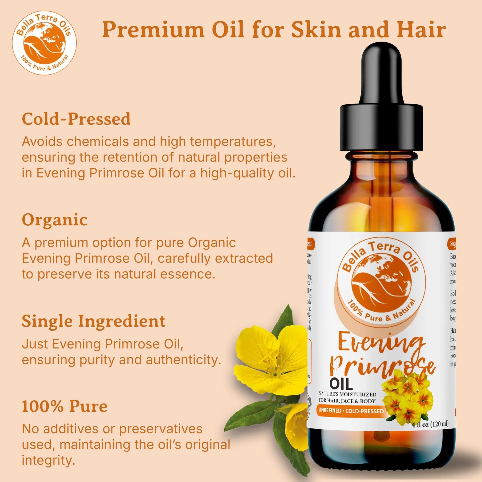 Bella Terra Oils Evening Primrose Oil bottle with product details on a beige background
