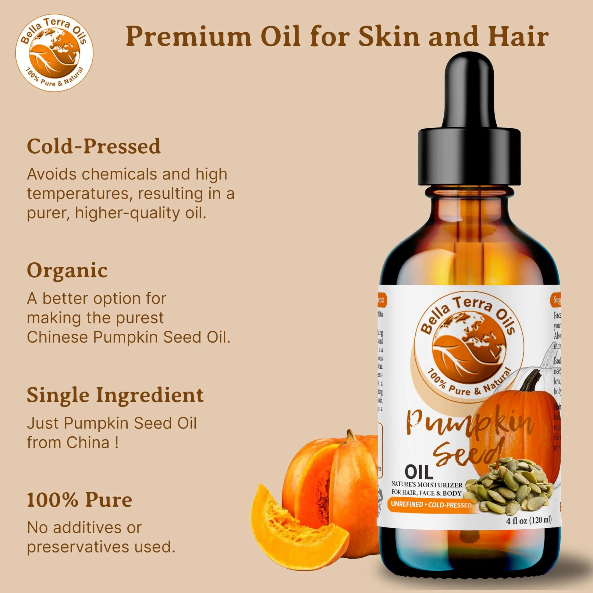 Bella Terra Oils pumpkin seed oil bottle with pumpkins and product details on a beige background